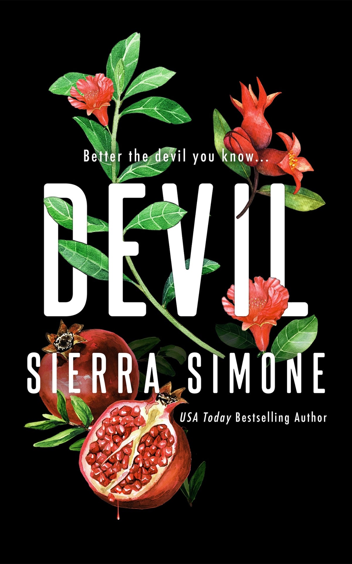Book cover of 'Devil' featuring flowers and  fruit on a black background 