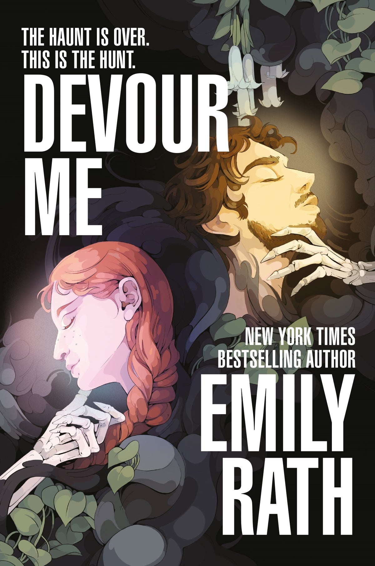 Book cover of 'Devour Me' by Emily Rath with a dark and eerie design of two faces held by skeleton hands 