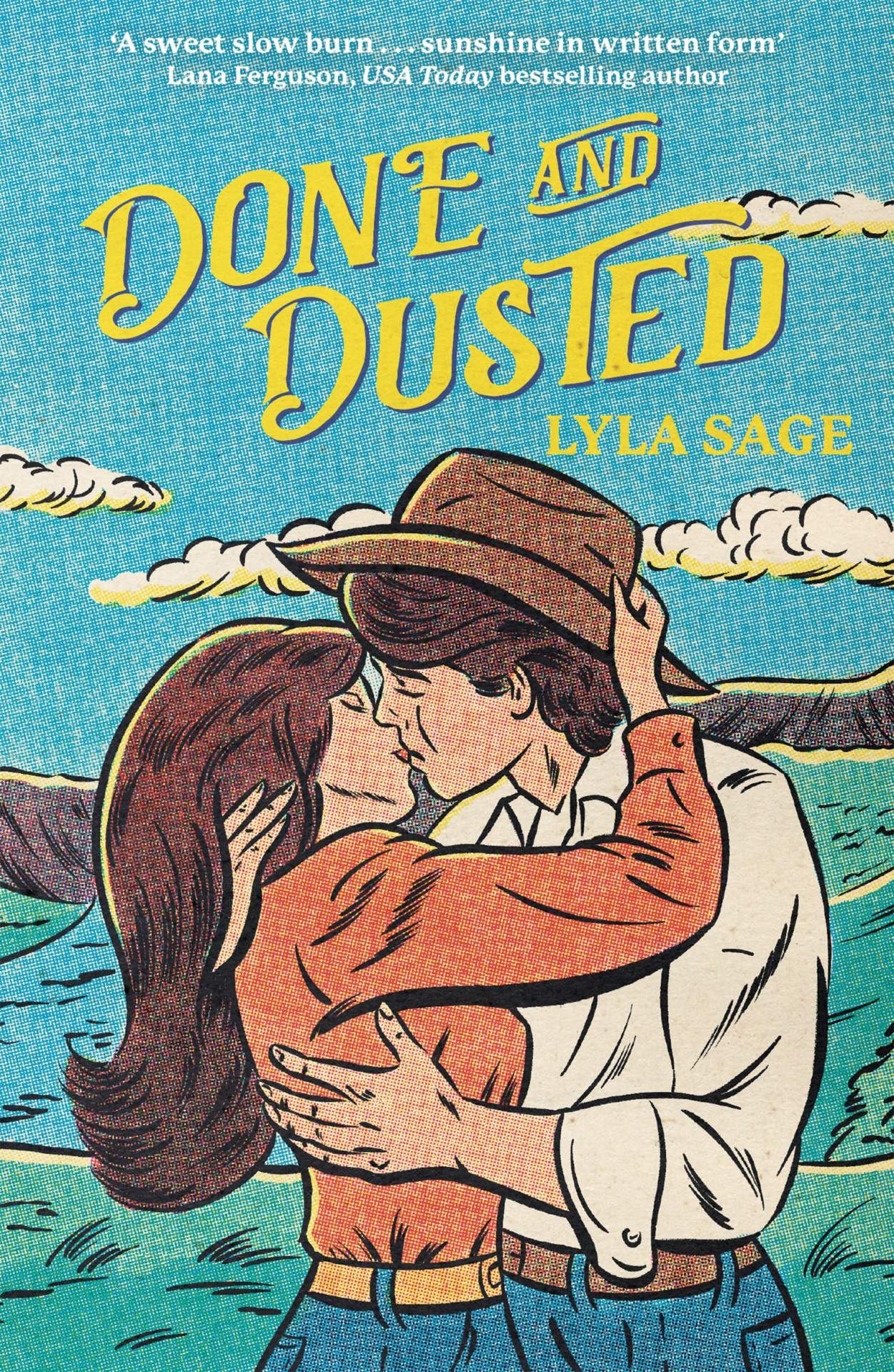 Book cover of 'Done and Dusted' featuring  a man and woman embracing with a sunset in the background