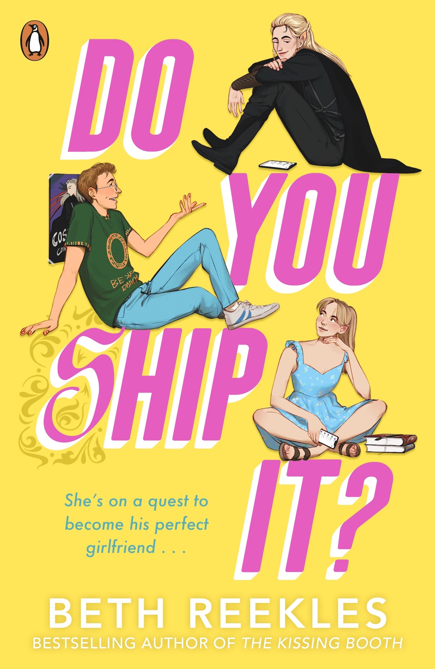 The image depicts the cover of the book titled "Do You Ship It" by Beth Reekles. It features illustrations of three young characters engaging in playful and casual poses against a vibrant yellow background.