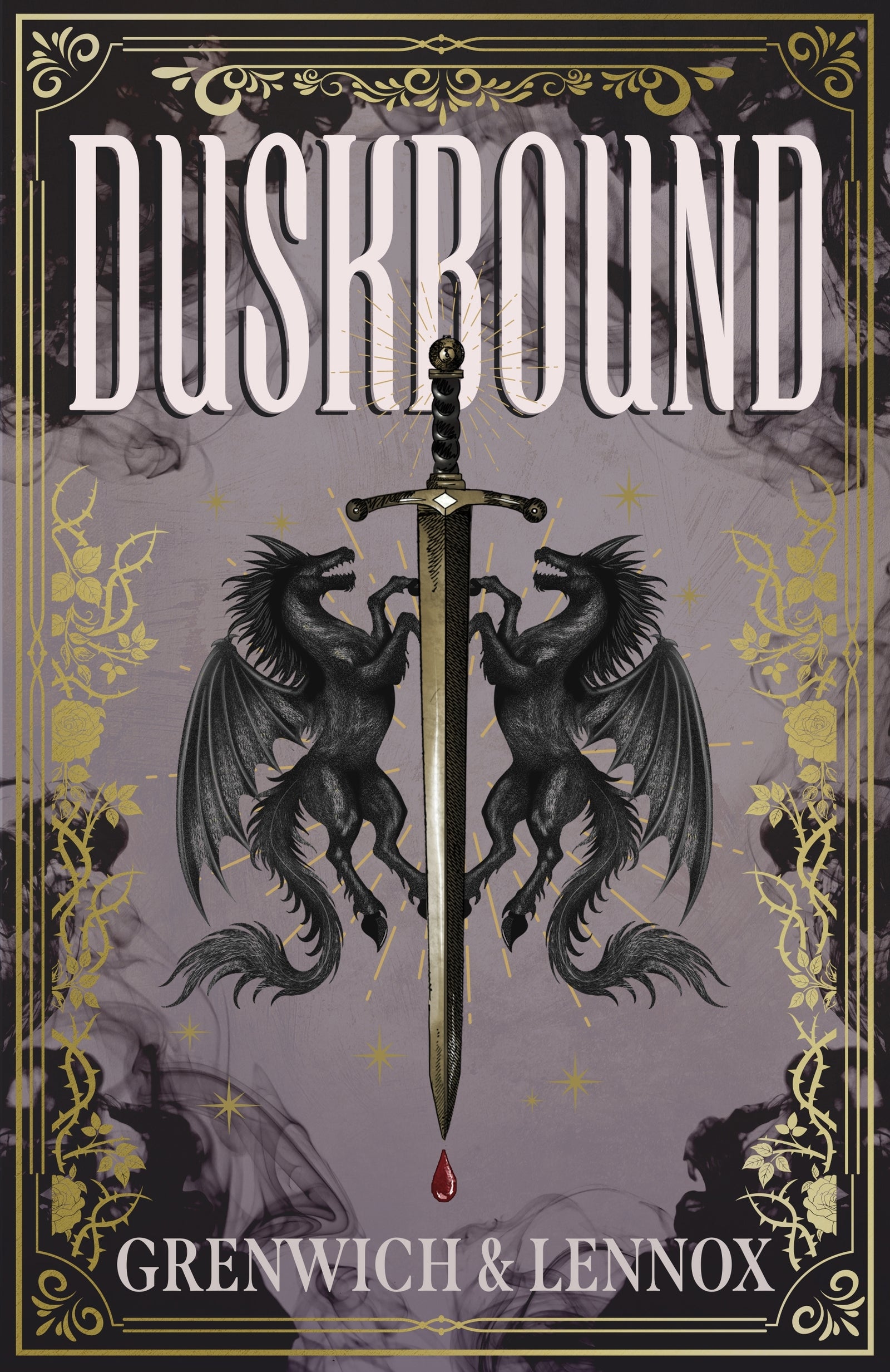 Book cover of 'Duskbound' with a sword and winged creatures on a gray background