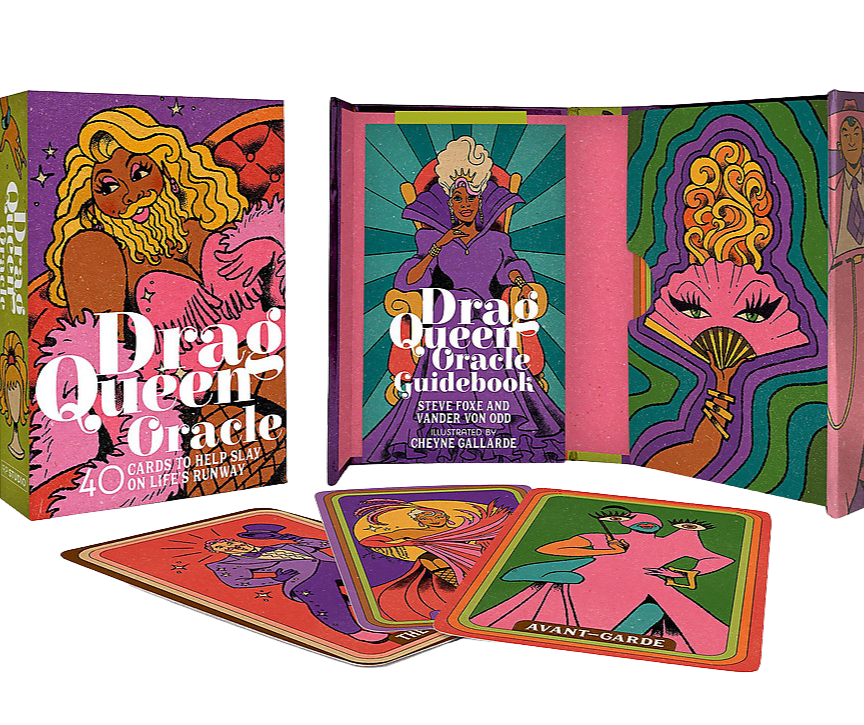 Drag Queen Oracle card set with colorful packaging and cards on a white background