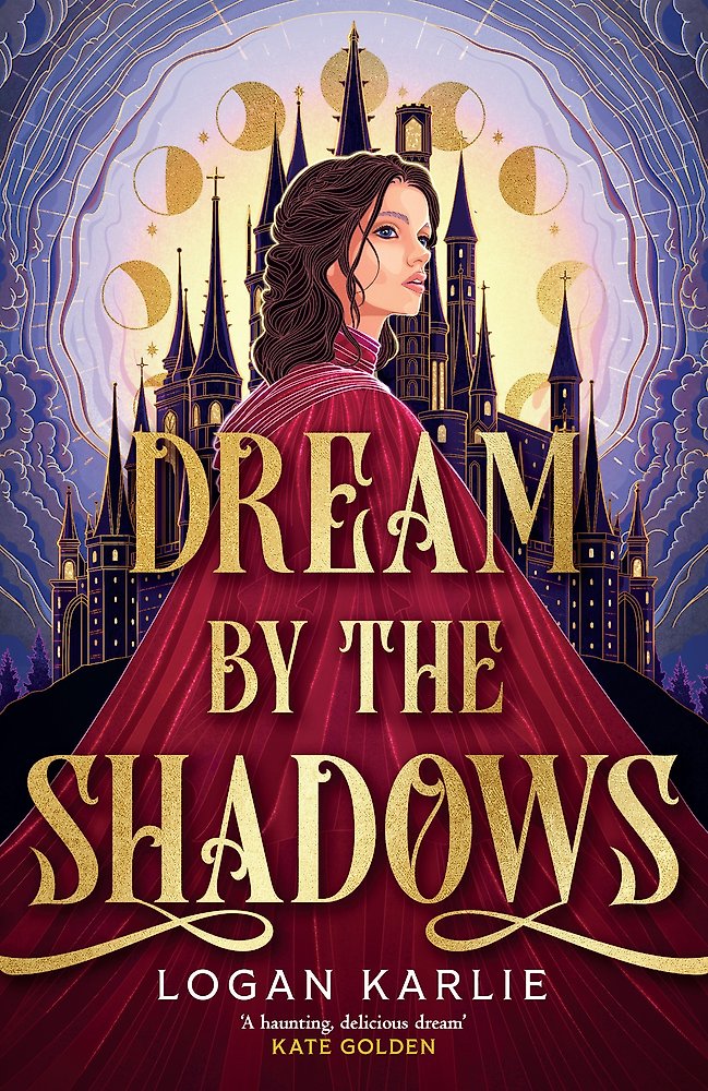 Book cover of 'Dream by the Shadows' with a woman in a red dress and gothic architecture.