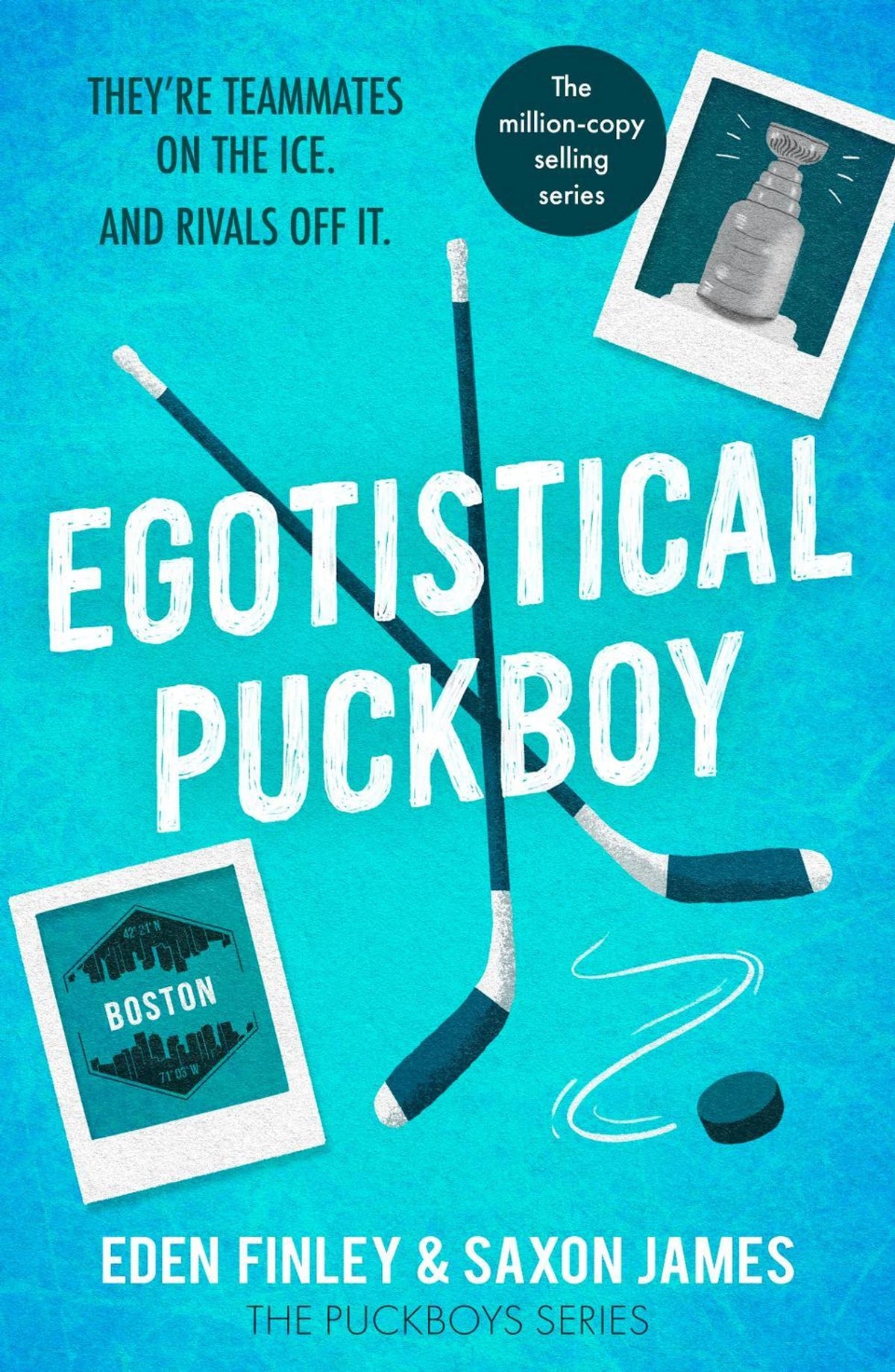 Book cover of 'Egotistical Puckboy' with hockey sticks and photos on a blue background.