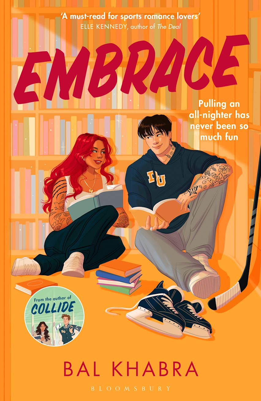 Book cover of 'Embrace' with a couple sitting in an orange library 