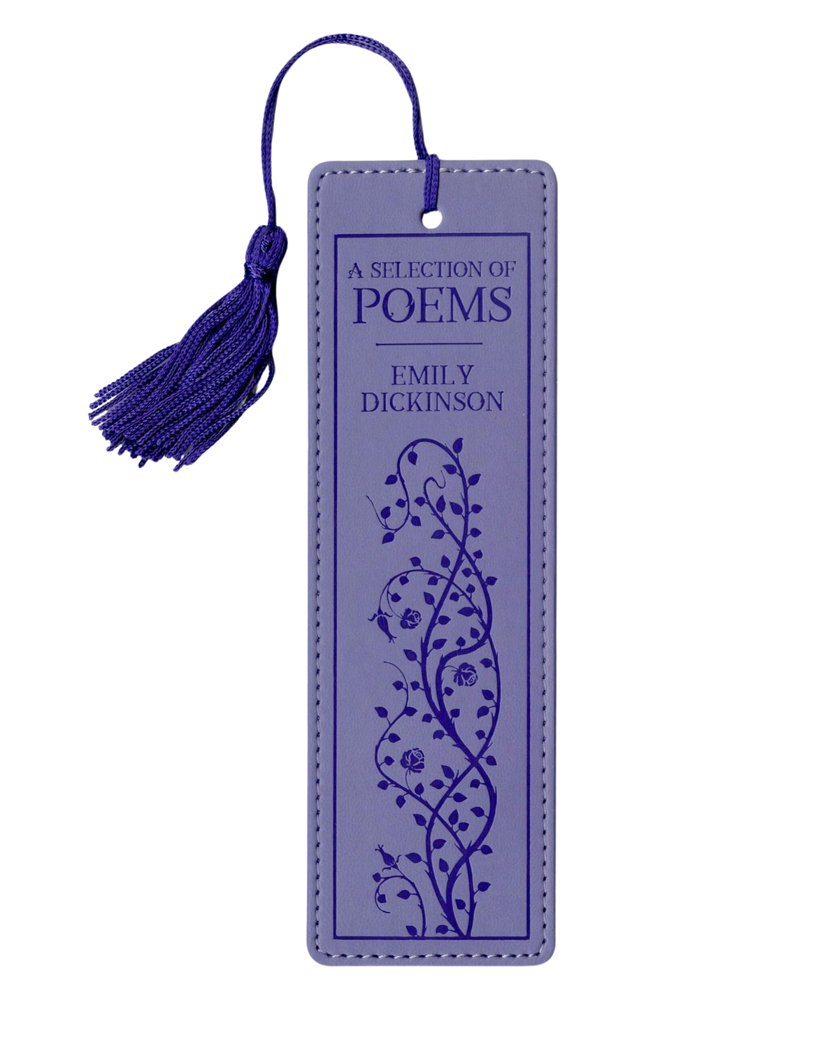 Purple bookmark with tassel featuring 'A Selection of Poems by Emily Dickinson'.
