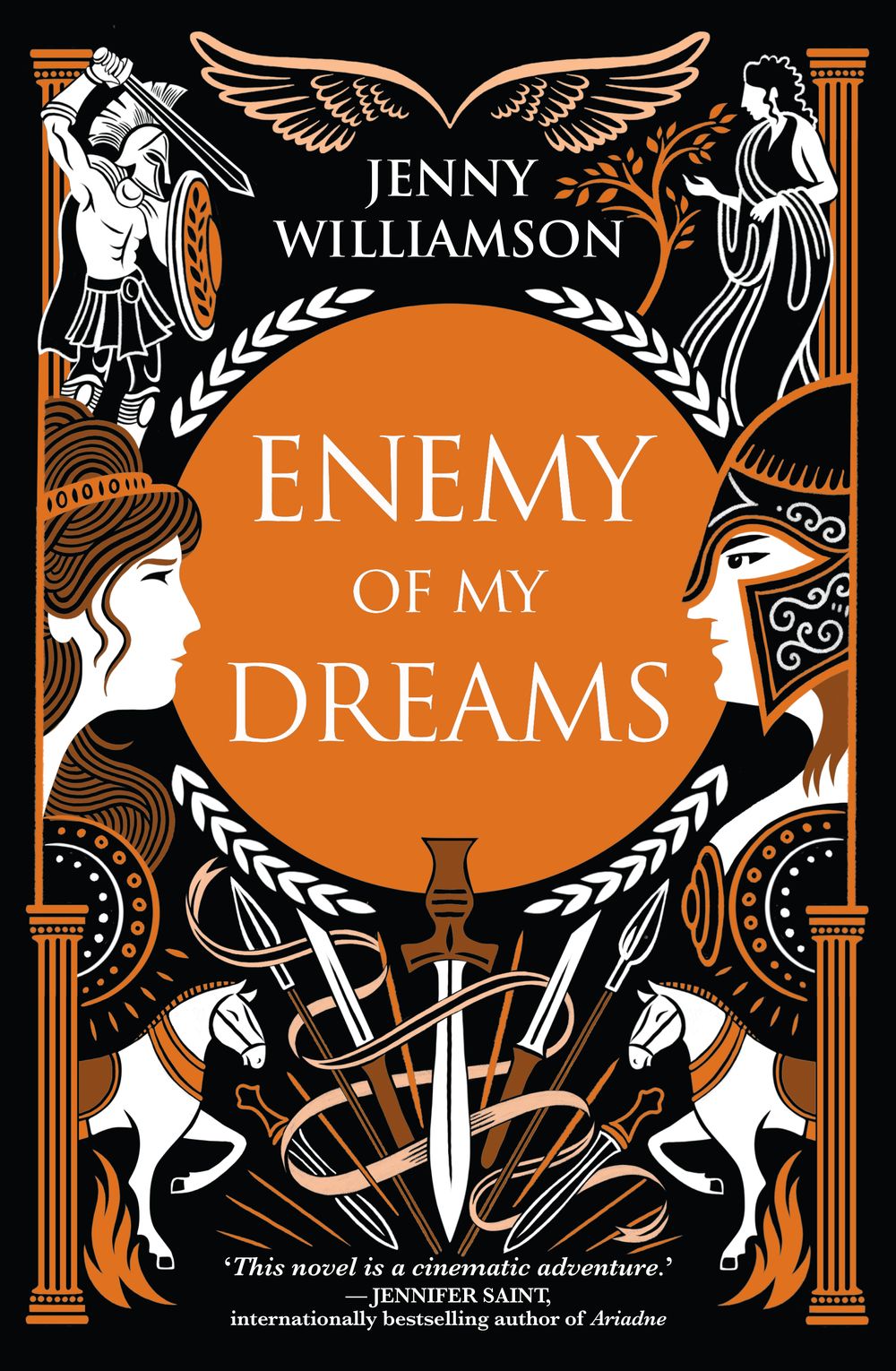 The cover of the book 'Enemy of my Dreams' by Jenny Williamson features a black and orange design with illustrations of Roman and Gothic characters, including a princess and a warlord.