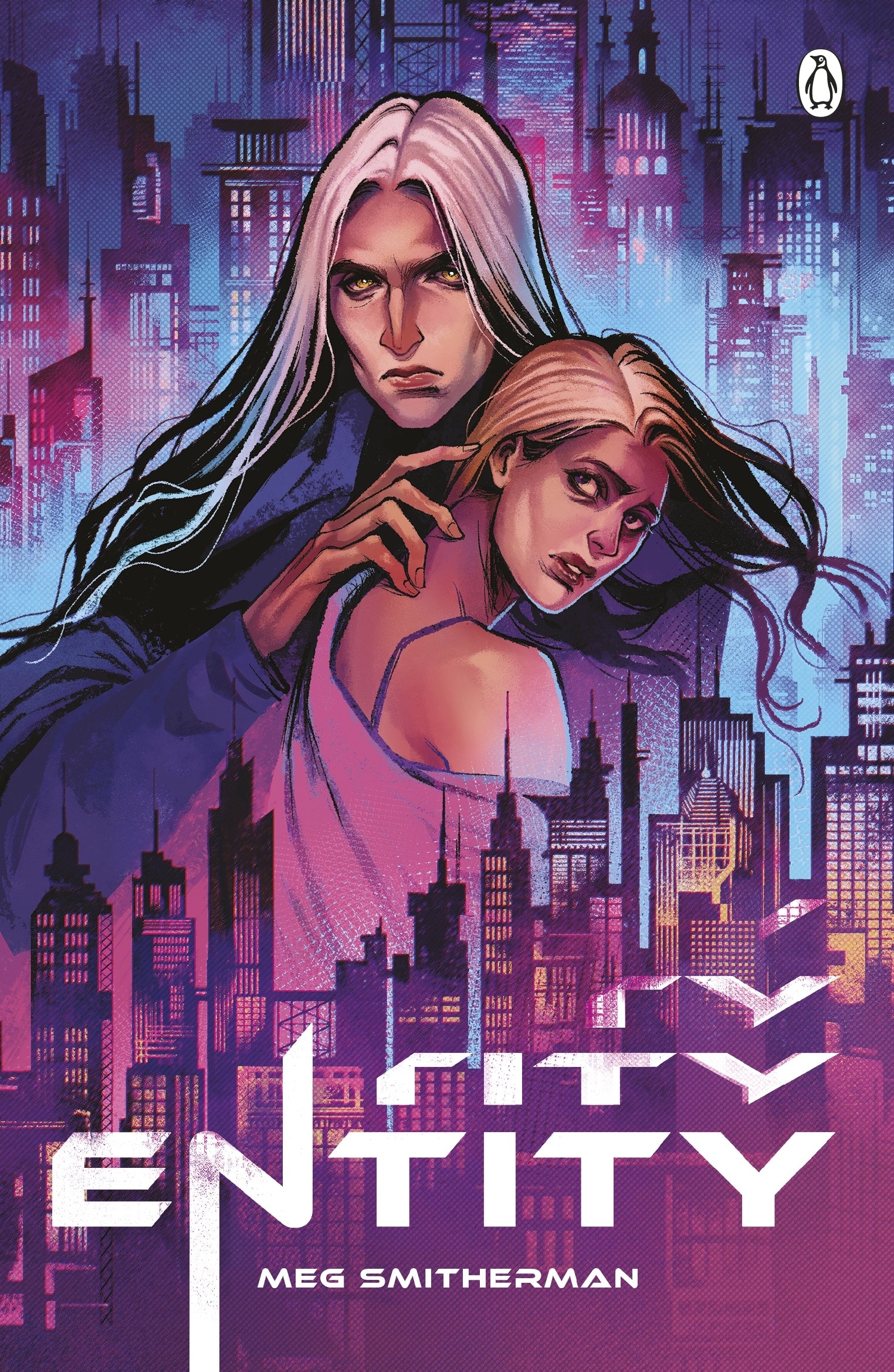 Book cover of 'City Entity' with a stylized cityscape and two characters in the foreground.