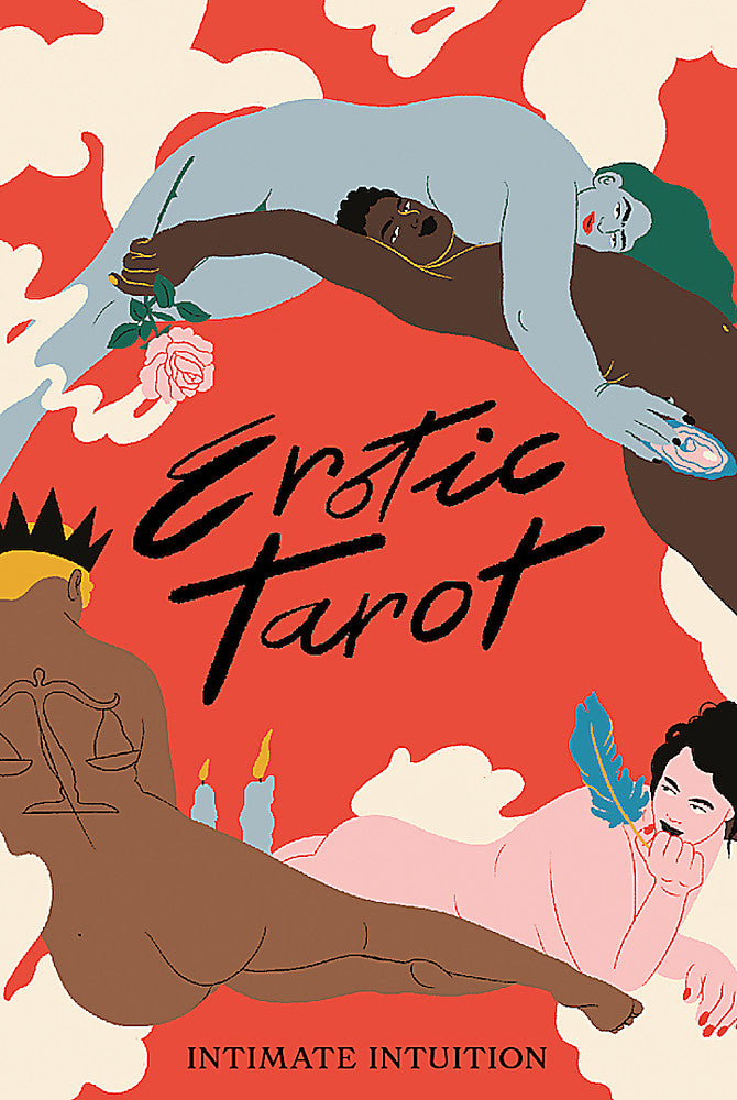 Cover of the 'Erotic Tarot' deck showcasing diverse and intimate scenes of people embracing on a red background with clouds