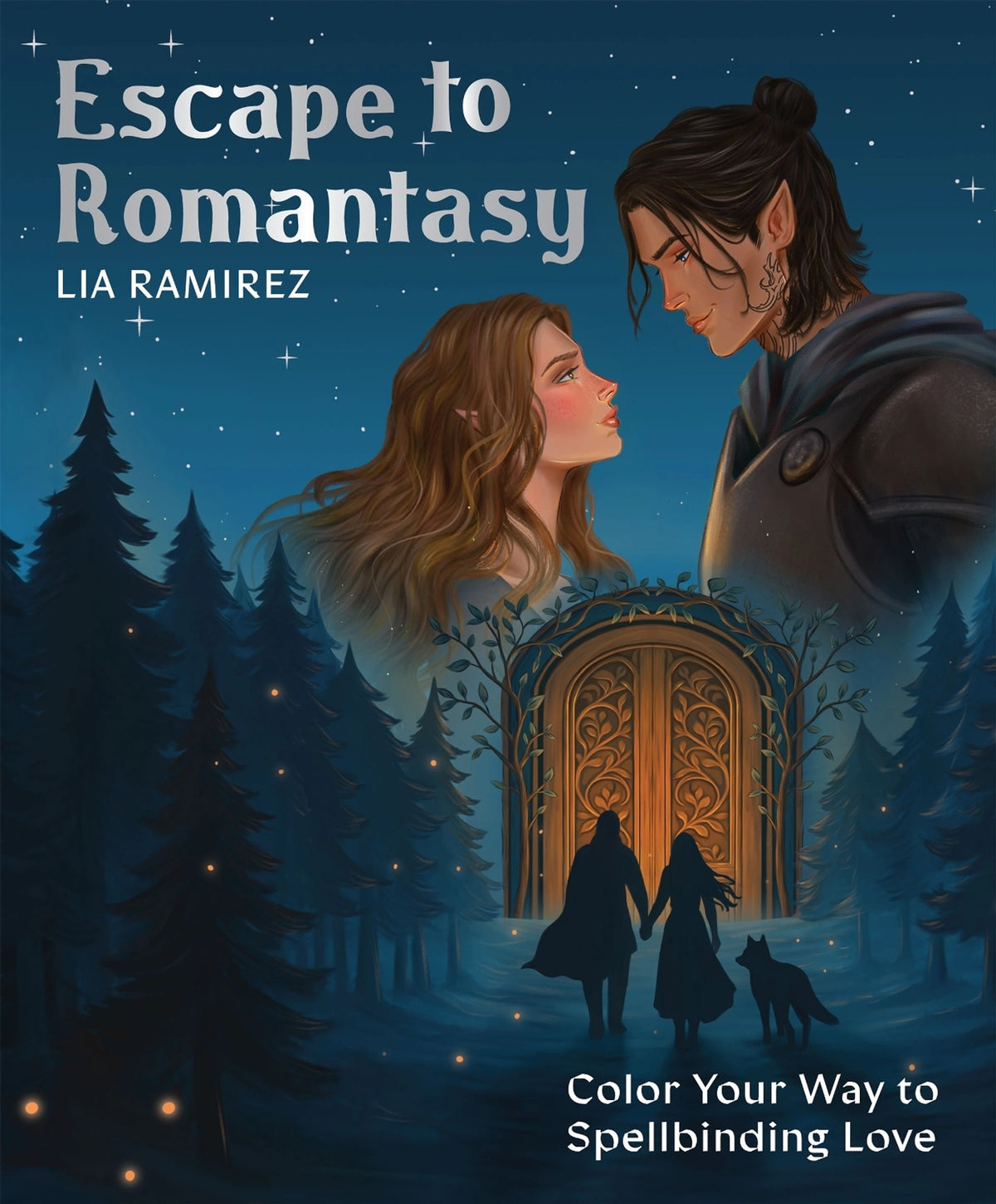 Book cover of 'Escape to Romantasy' by Lia Ramirez with a couple looking at each other and a door with in a forest scene 