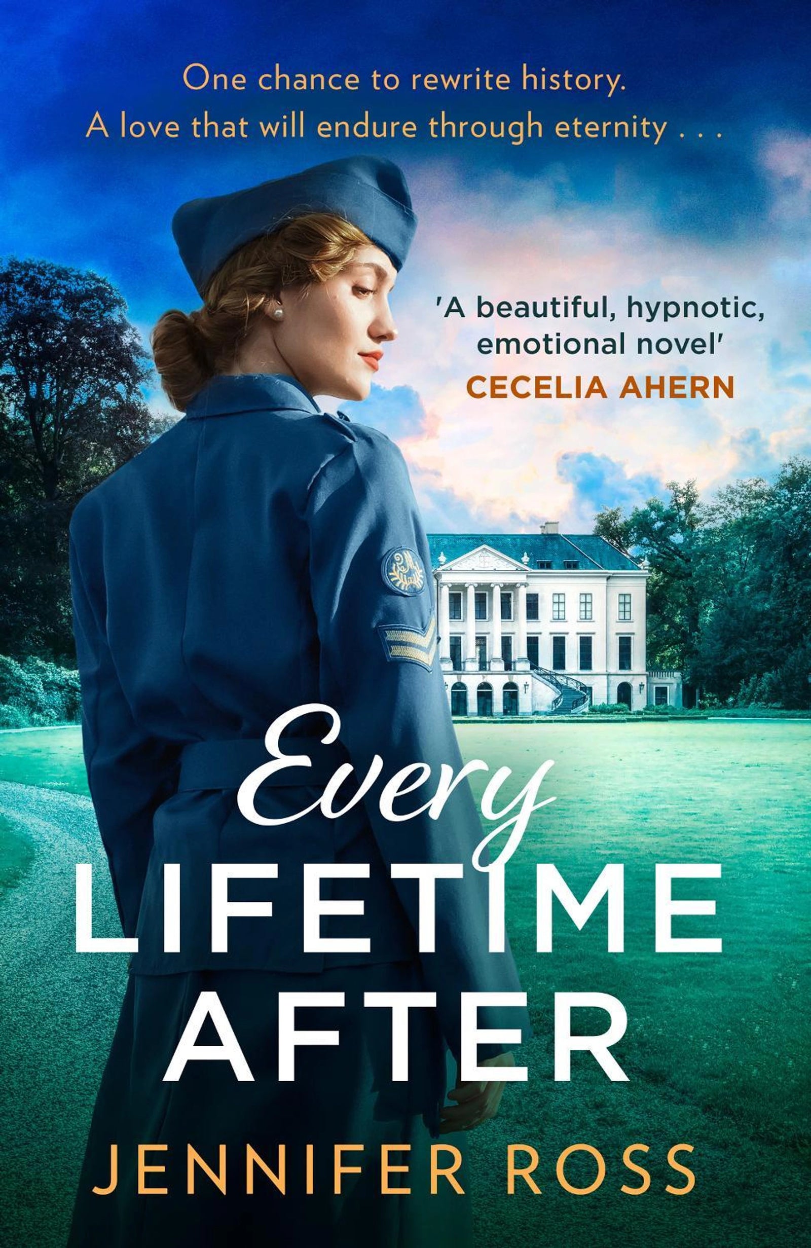 Book cover for 'Every Lifetime After' featuring a woman in a navy blue uniform standing in front of a large white mansion