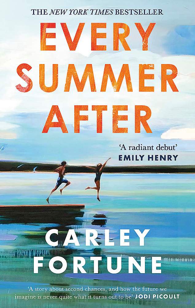 The cover of the book 'Every Summer After' by Carley Fortune features two individuals jumping into the ocean. 