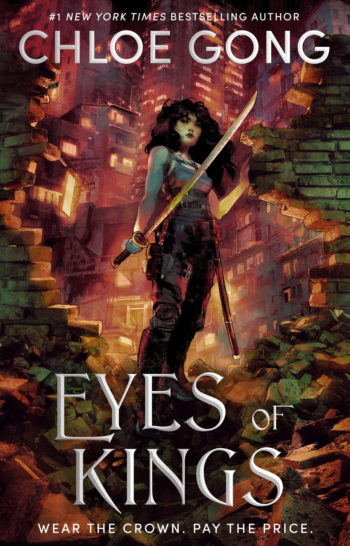 Book cover of 'Eyes of Kings' featuring a warrior in a dystopian cityscape