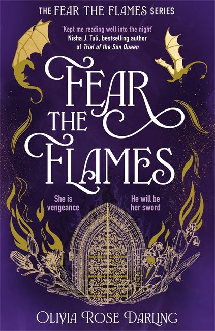 Book cover of 'Fear the Flames' with dragon illustrations and a purple background.
