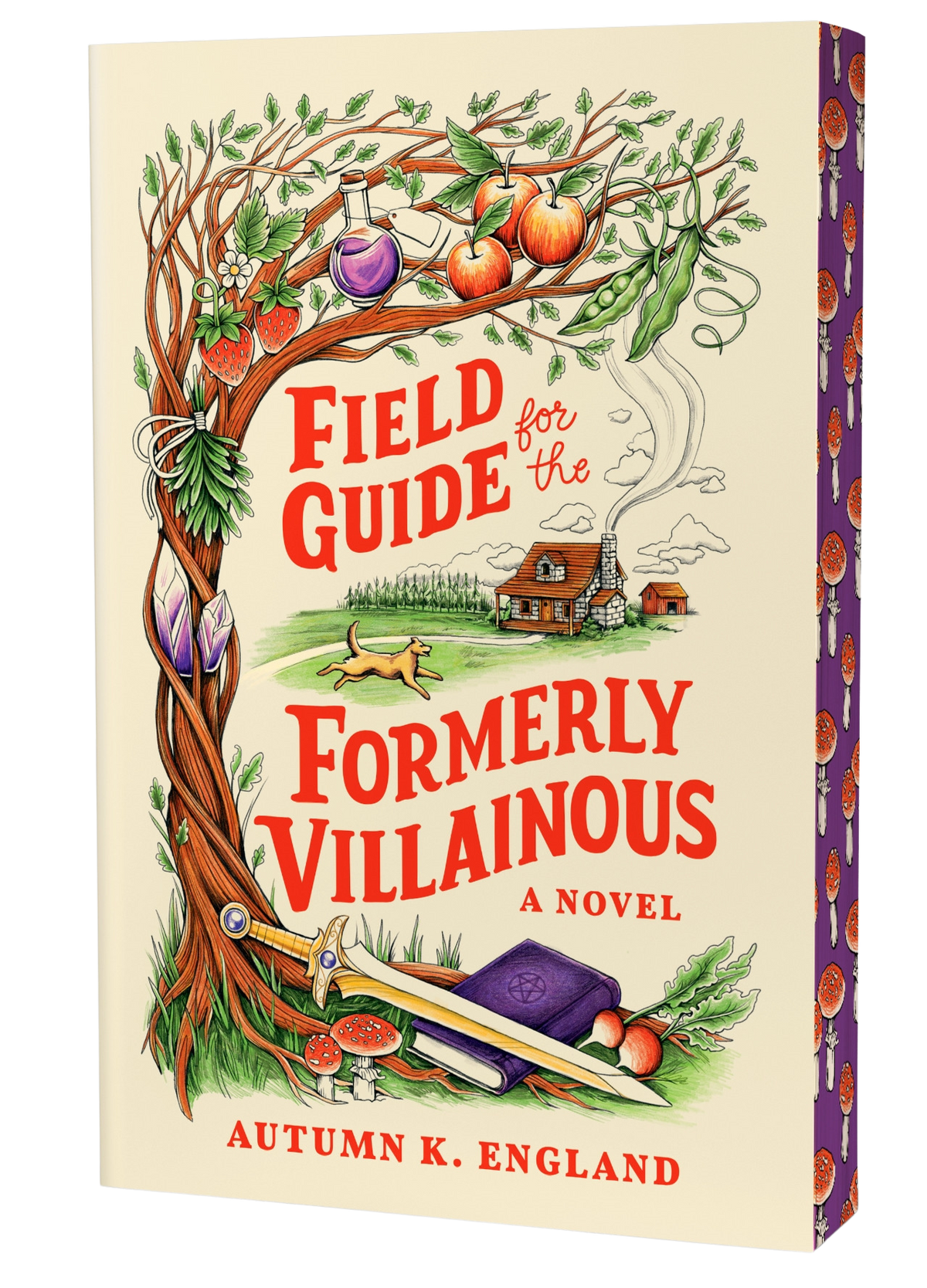 Book cover of 'Field Guide for the Formerly Villainous' featuring a whimsical cottage scene illustrated with a tree with potion bottles and a sword on a cream background 