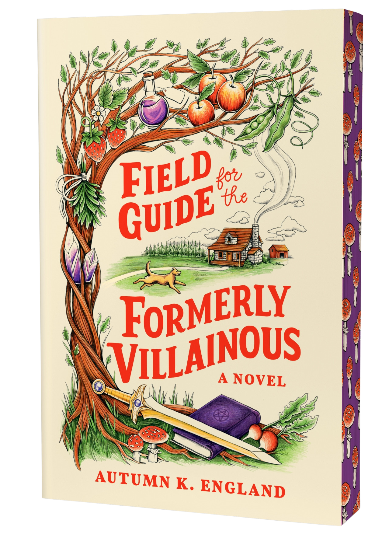 Book cover of 'Field Guide for the Formerly Villainous' featuring a whimsical cottage scene illustrated with a tree with potion bottles and a sword on a cream background 
