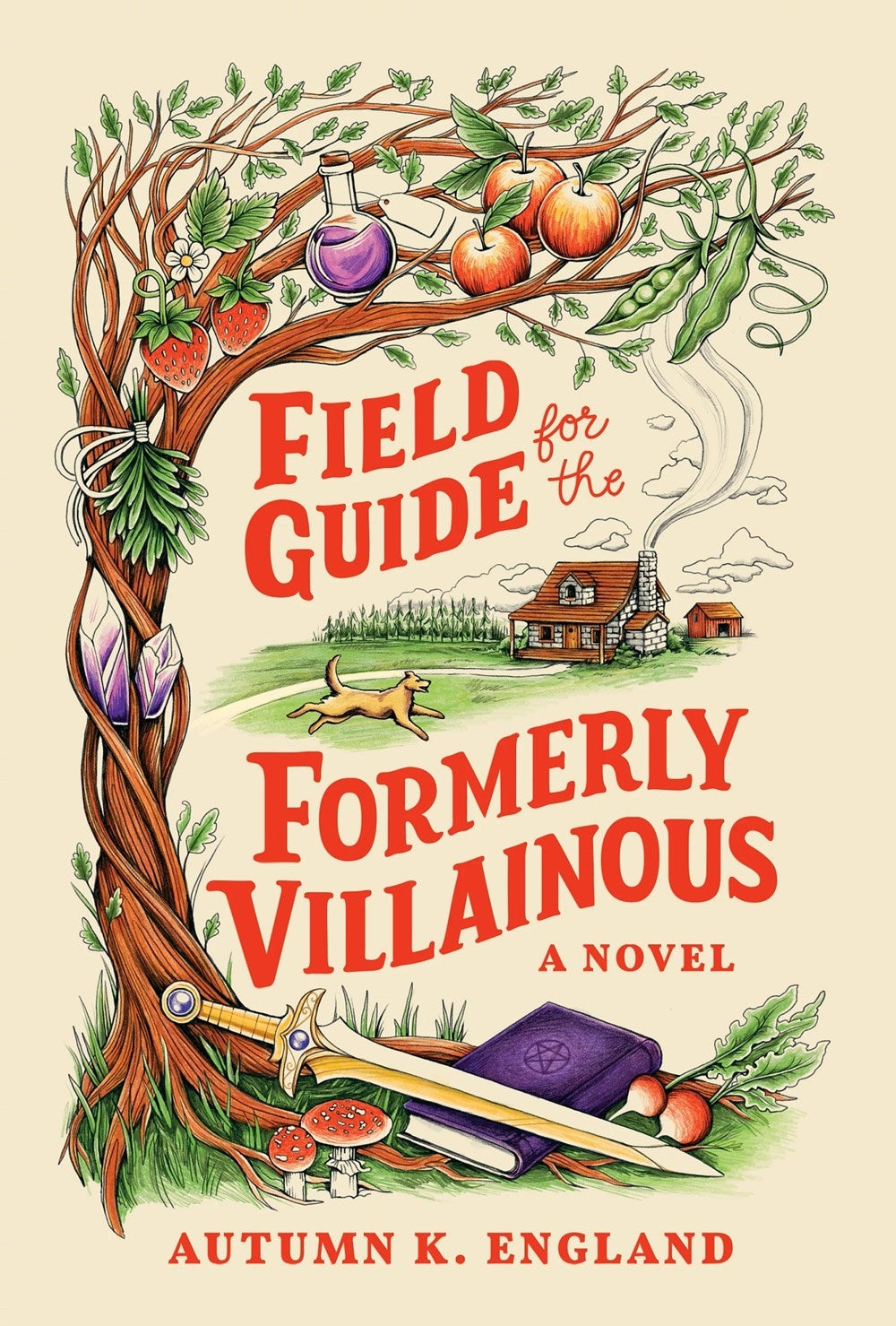 Book cover of 'Field Guide for the Formerly Villainous' by Autumn K. England with a tree and village illustration.