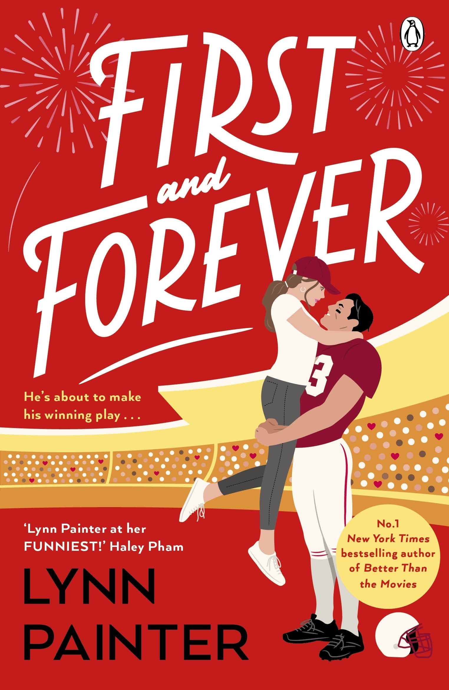 Book cover of 'First and Forever' by Lynn Painter with a red background and illustration of two people.