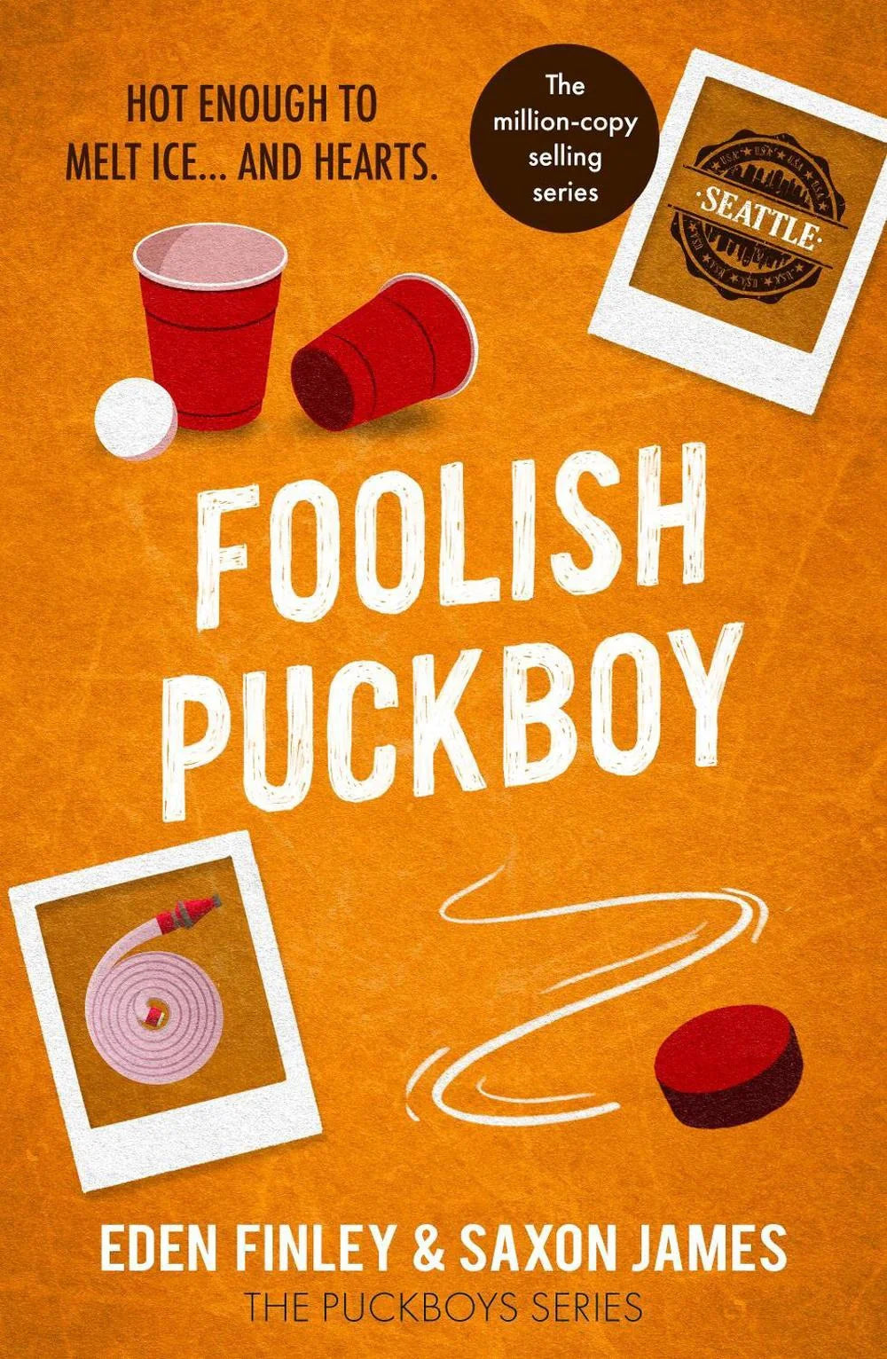 Book cover of 'Foolish Puckboy' with red cups and a hockey puck on an orange background