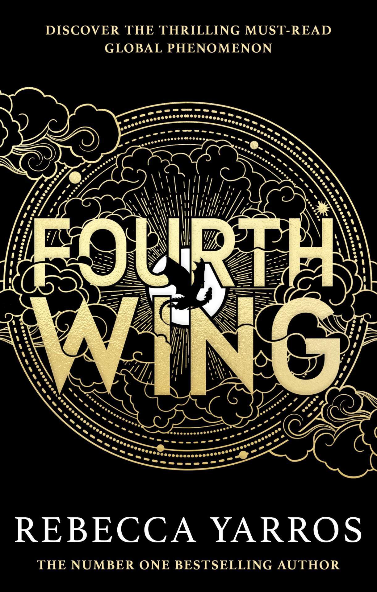 Book cover of 'Fourth Wing' featuring gold decorative elements of clouds and a dragon on a black background 