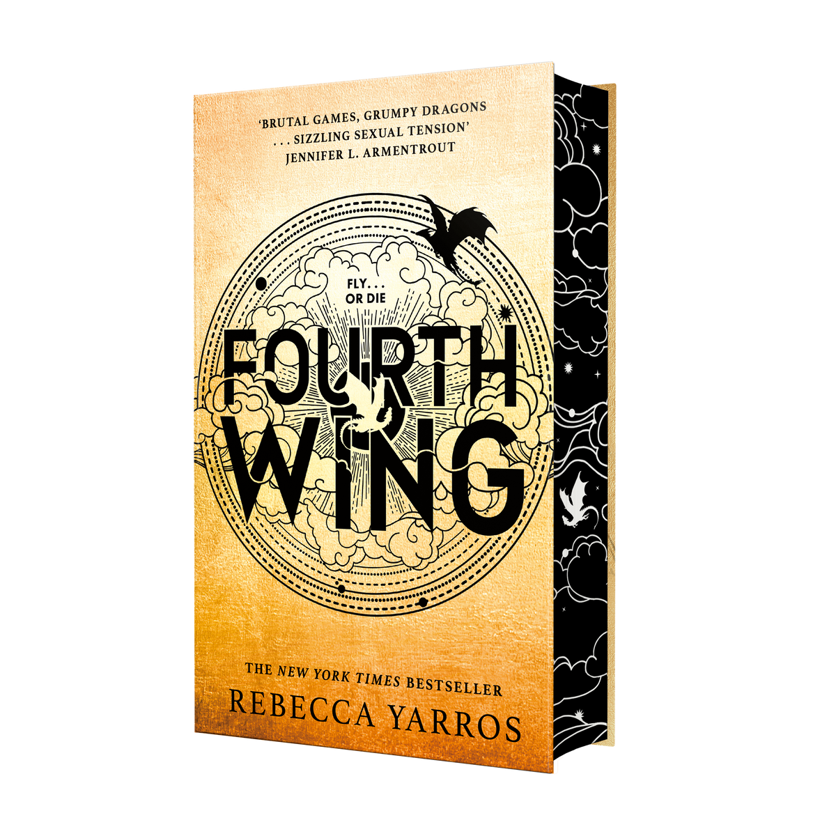 Book cover of &#39;Fourth Wing&#39; by Rebecca Yarros with a gold and black design.