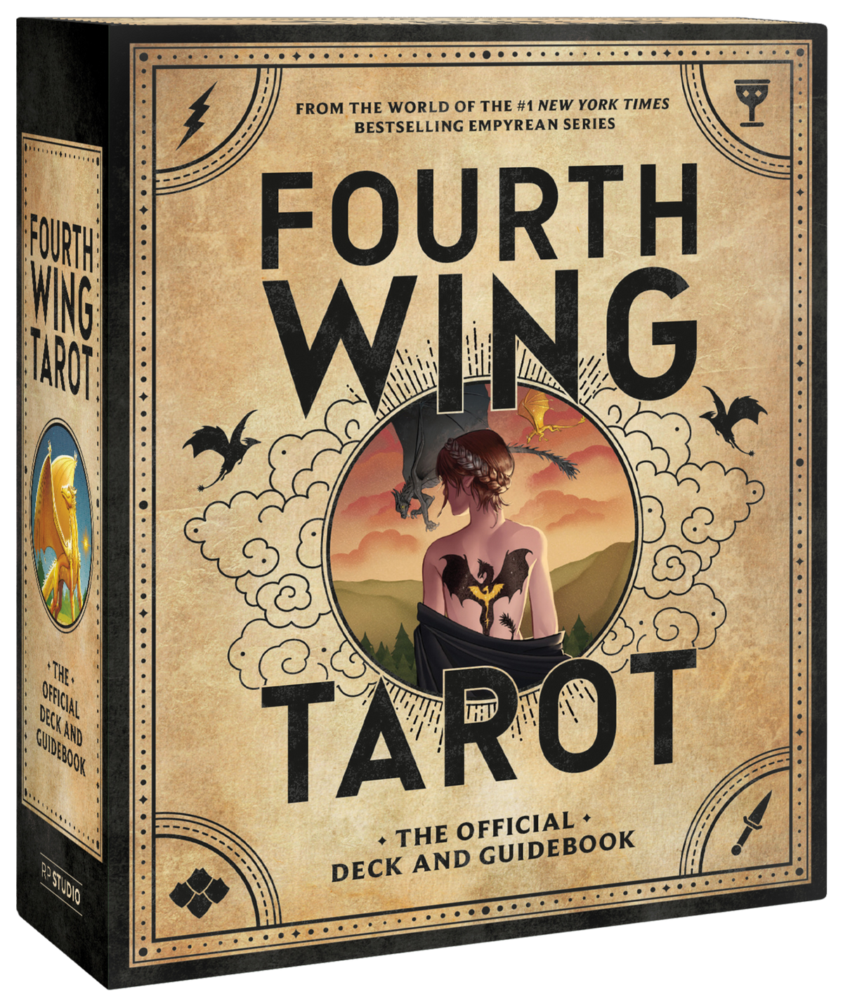 Fourth Wing Tarot deck box and guidebook set shown at a three-quarter angle on a plain white background. The box features a vintage parchment-style cover with large black text reading 'FOURTH WING TAROT' and an illustrated circular scene of a figure against a sunset sky.