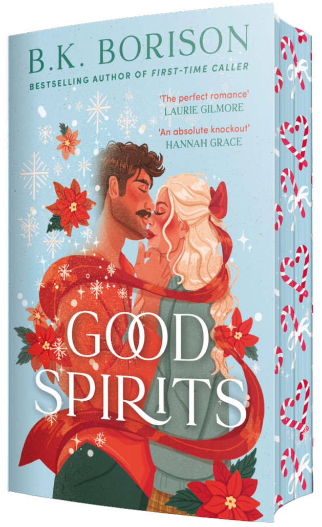 Book cover of 'Good Spirits' by B.K. Borison with a couple embracing and festive design.