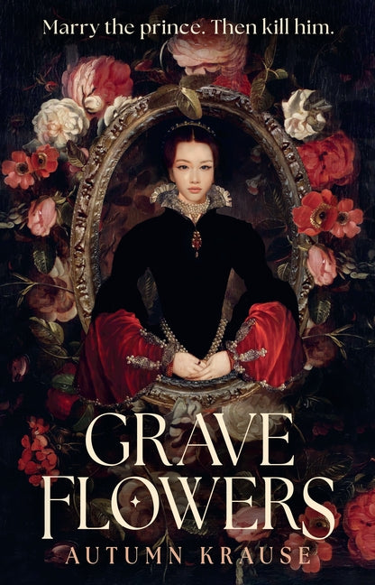 Book cover of 'Grave Flowers' with a woman in a black and red dress surrounded by flowers and text.