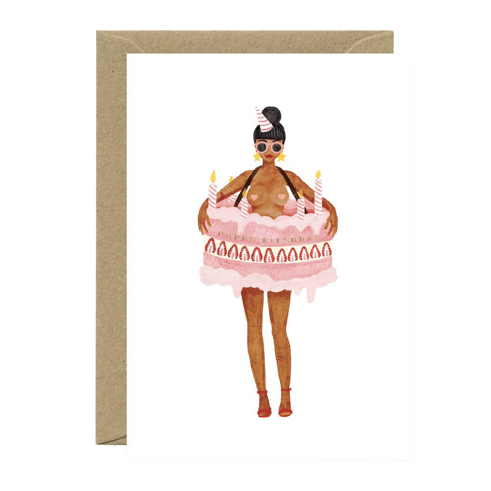 Illustration of a women in a cake costume with candles on a white background