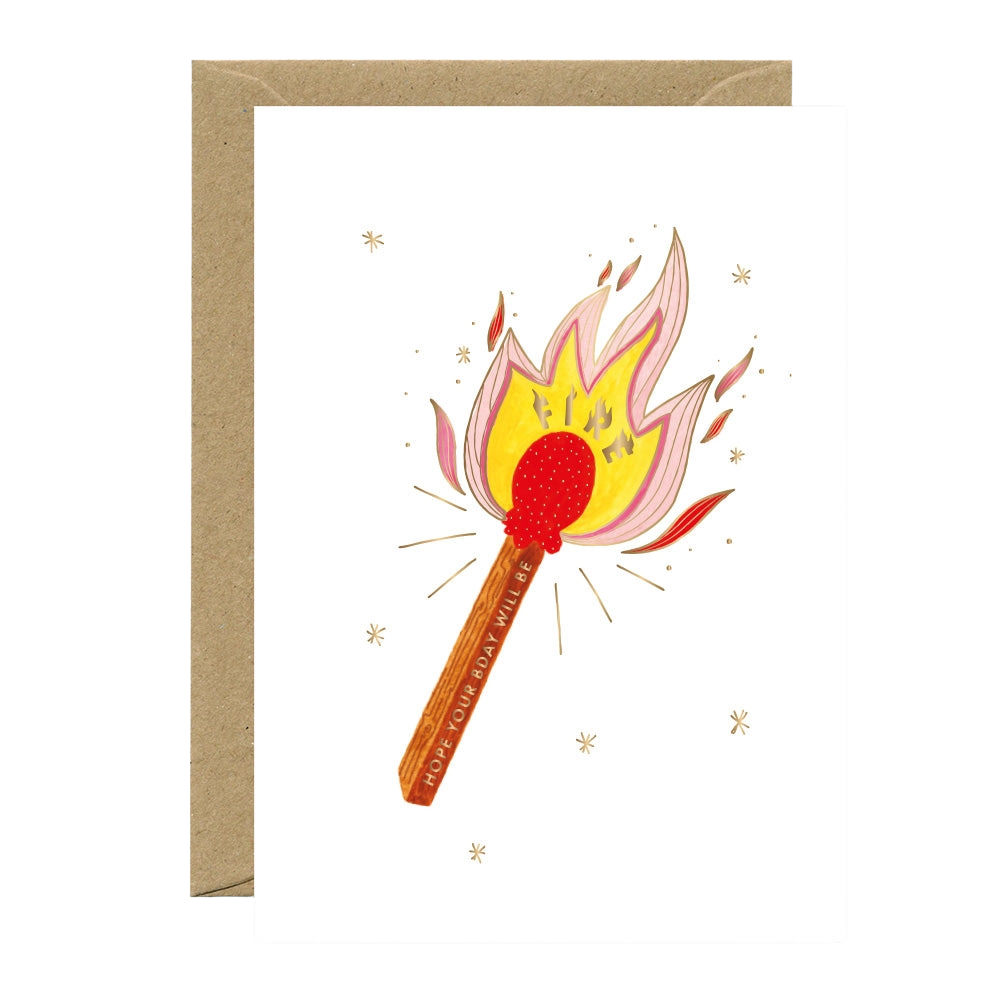 Greeting card with a lit match illustration on a white background