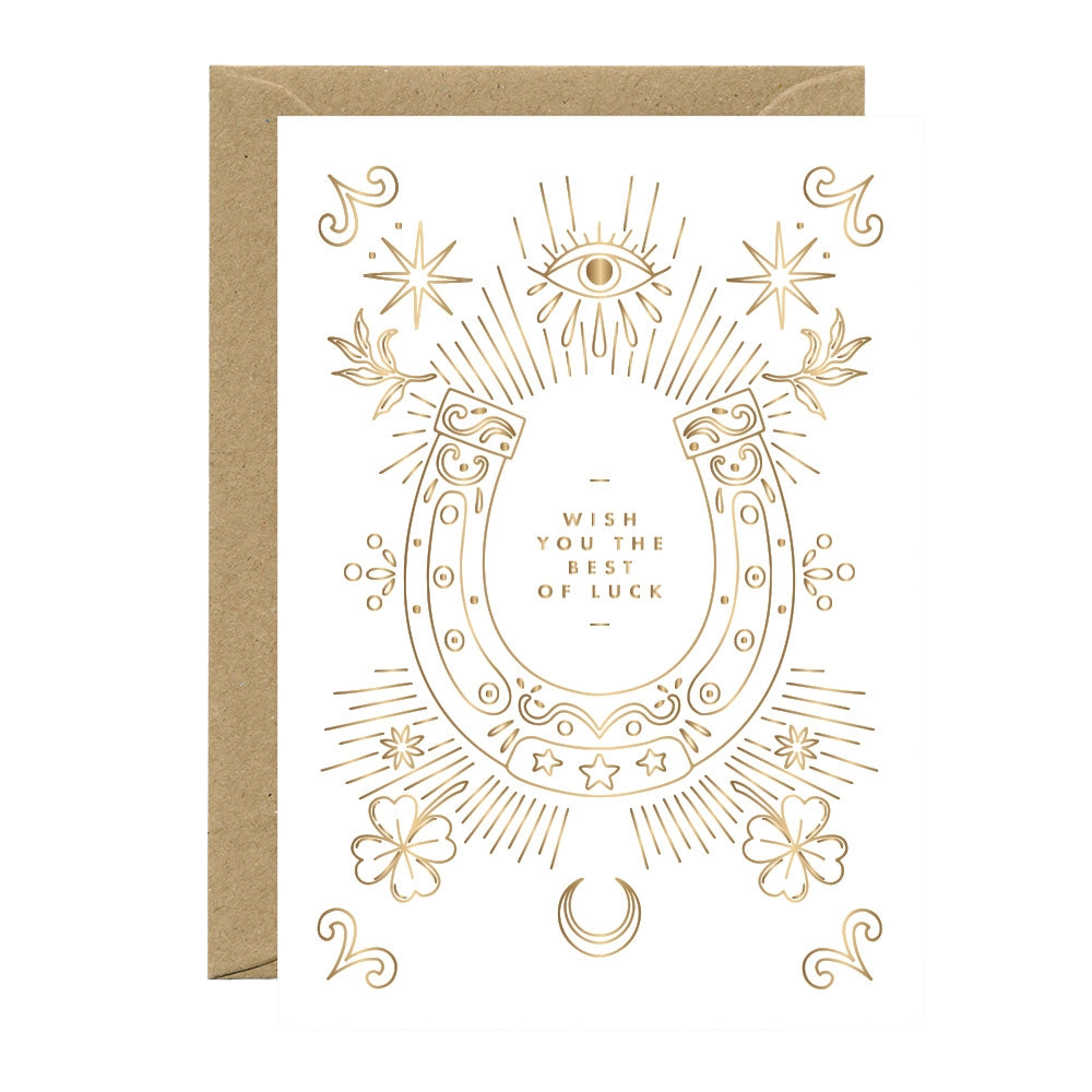Greeting card with gold foil design and 'Wish you the best of luck' text on a white background.