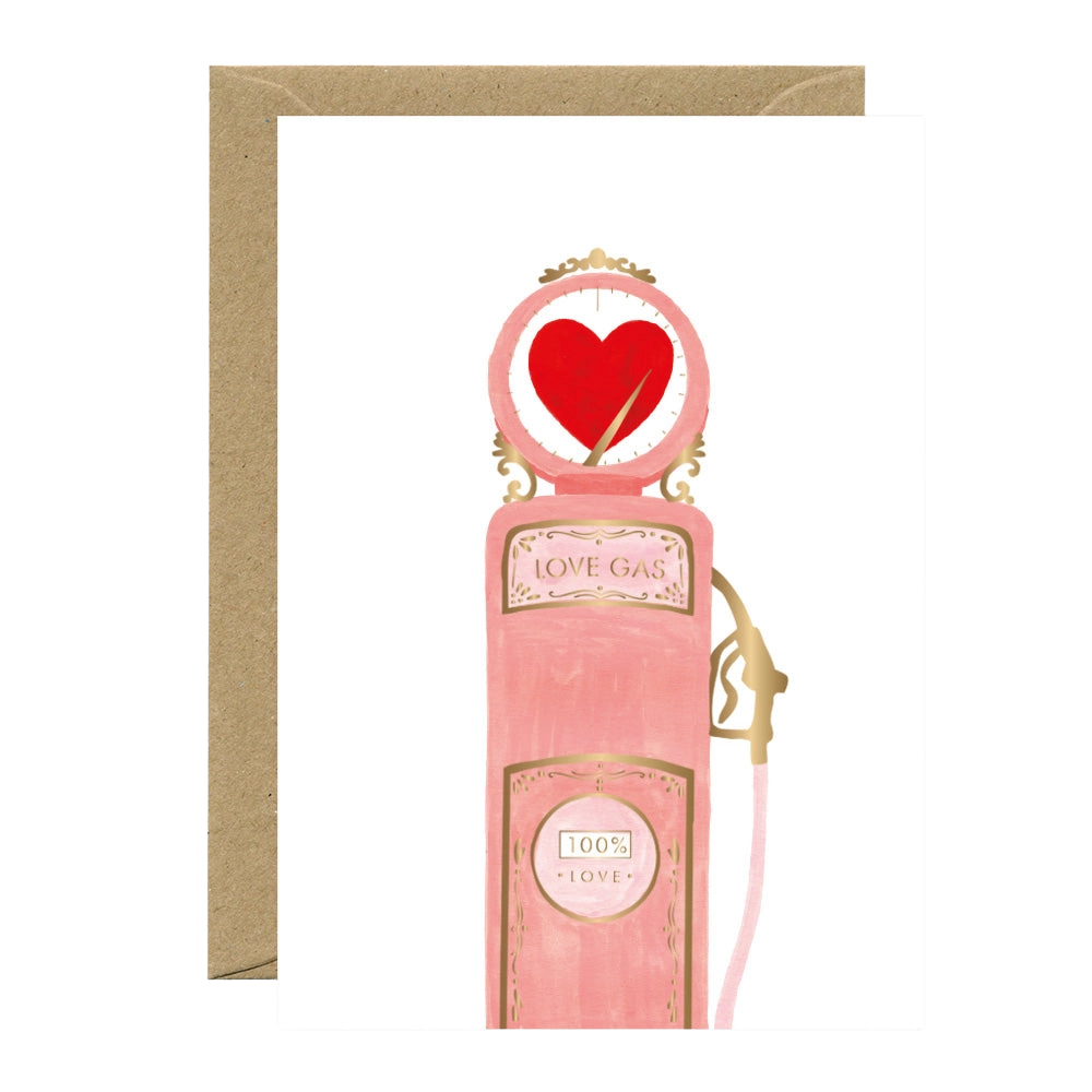 Pink gas pump with heart and pen design, and "Love Gas" written on it, ion a white background
