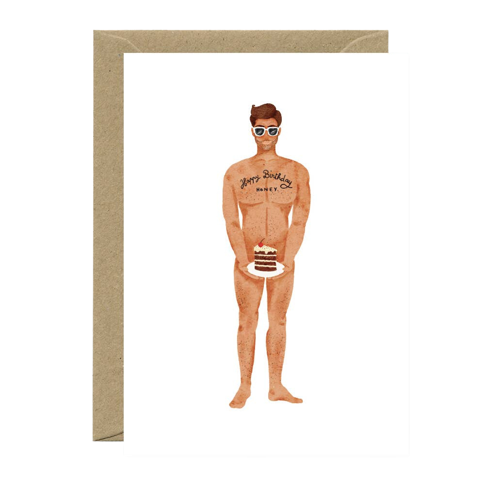 Illustration of a man holding a piece of cake with sunglasses on, framed by a brown border.