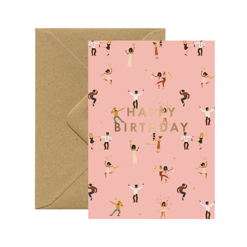 Birthday card with illustrated dancing people and 'Happy Birthday' text on a pink background, with a brown envelope.