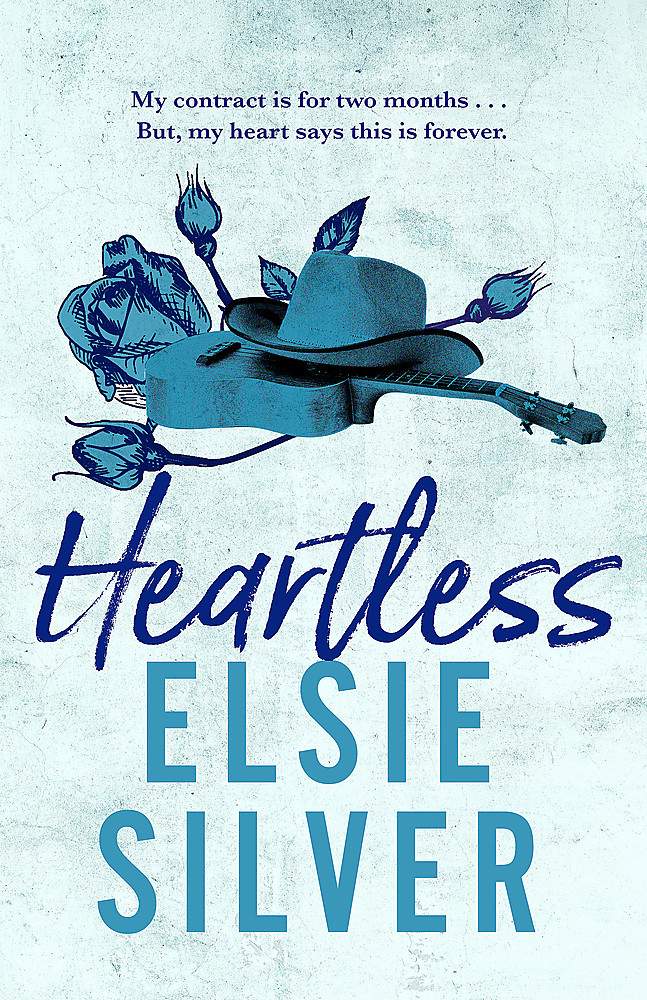 Book cover of 'Heartless' with a guitar and cowboy hat on a blue background 