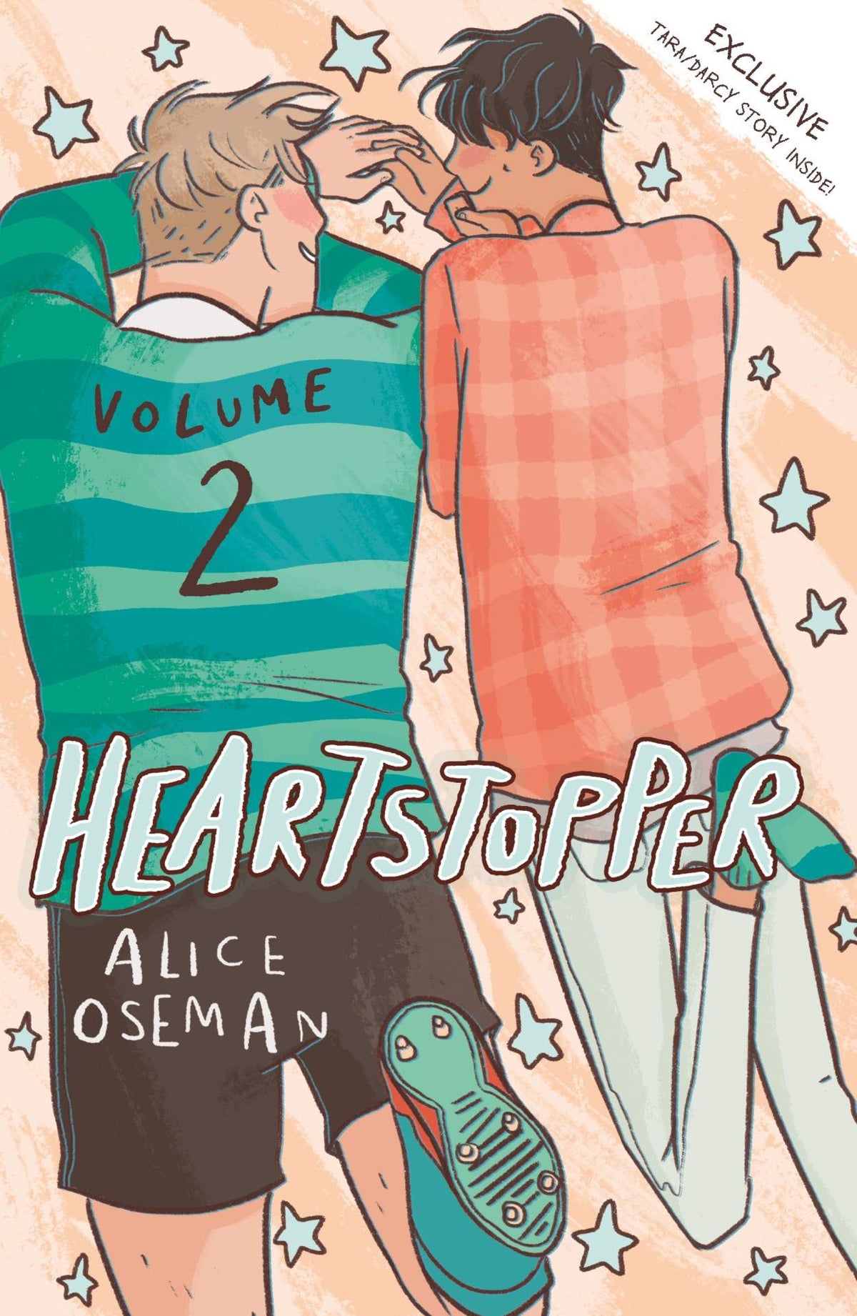 Cover of 'Heartstopper Volume 2' featuring two male characters, one in a blue sweater with the volume number 2 on it, and the other in an orange top.