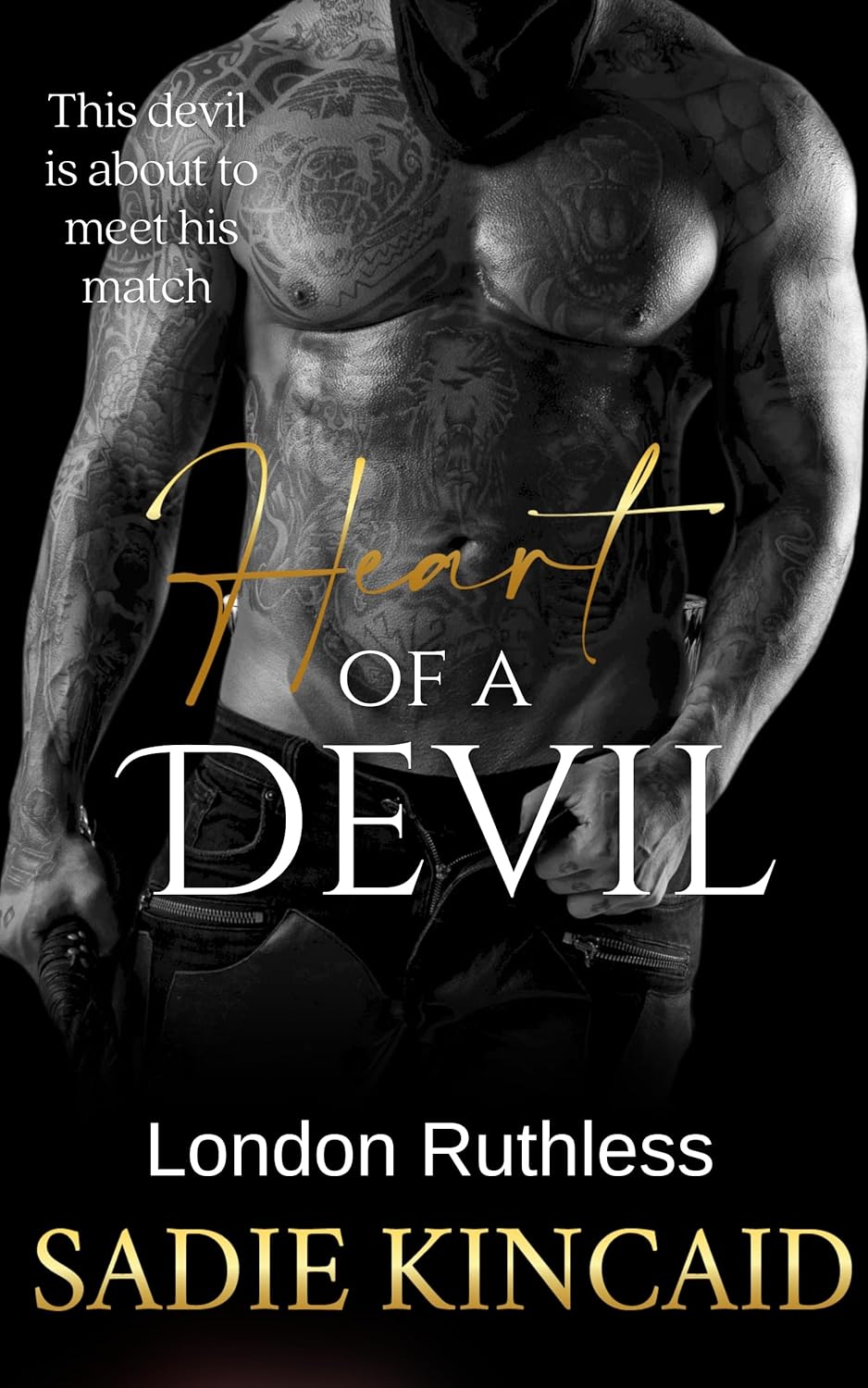 Book cover of 'Heart of a Devil' by Sadie Kincaid featuring a shirtless man with tattoos and a mask.