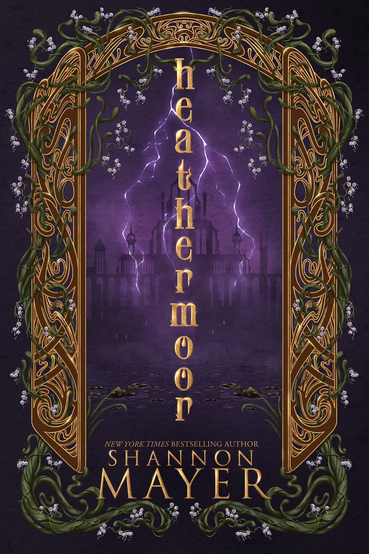 Book cover of 'Heathermoor' featuring an ornate gold border with green vines growing around with a silhouetted castle taking centre 