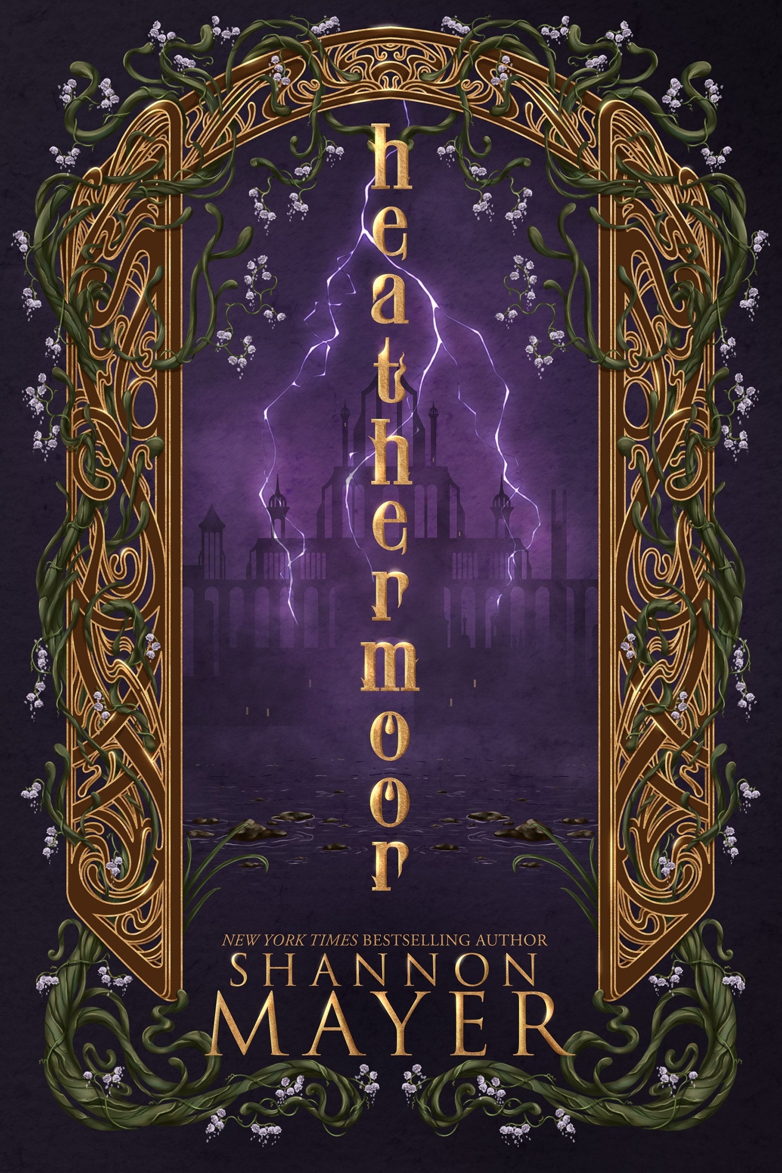 Book cover of 'Heathermoor' featuring an ornate gold border with green vines growing around with a silhouetted castle taking centre 