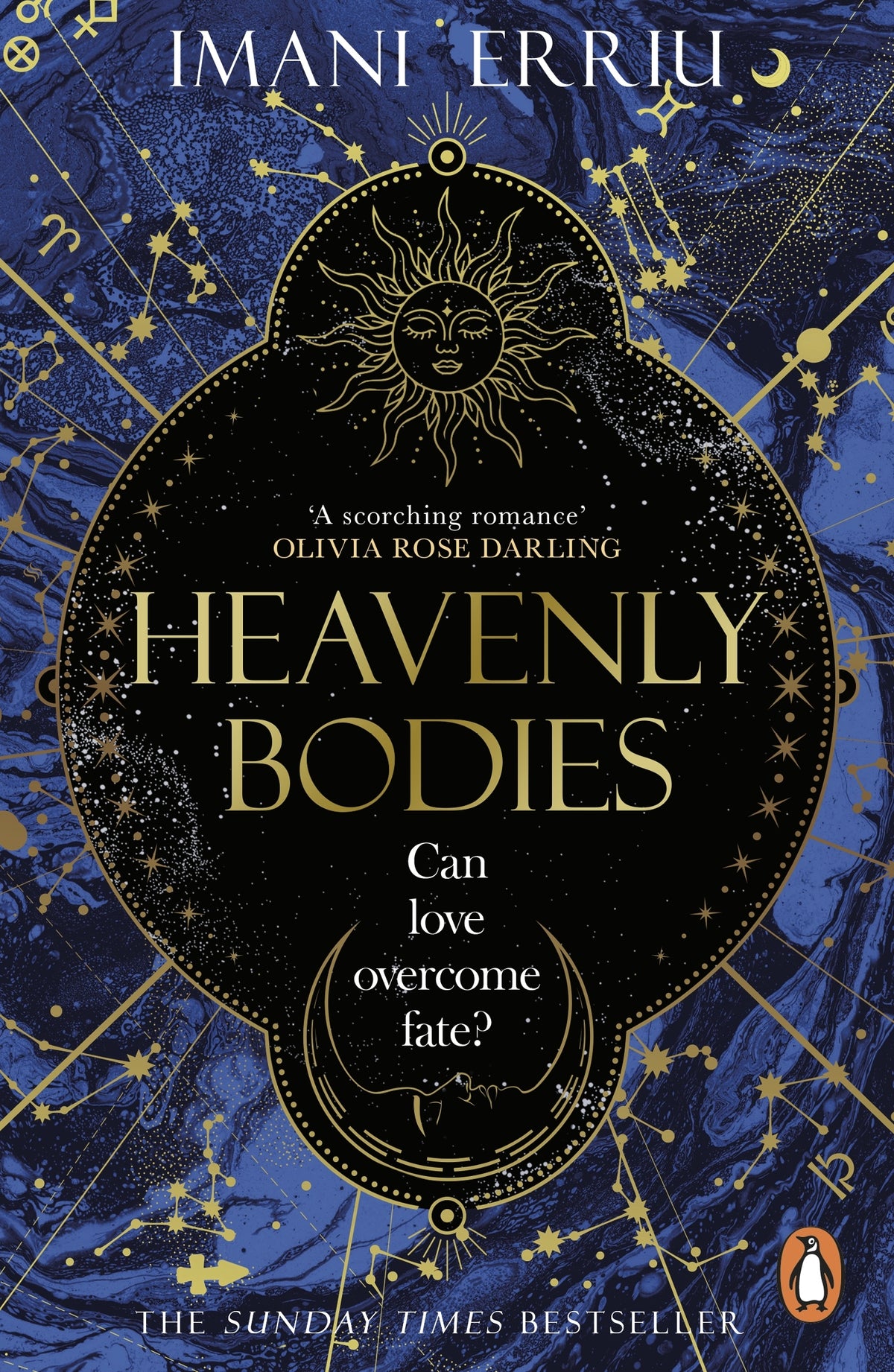 Book cover of 'Heavenly Bodies' with gold celestial design on a blue background 