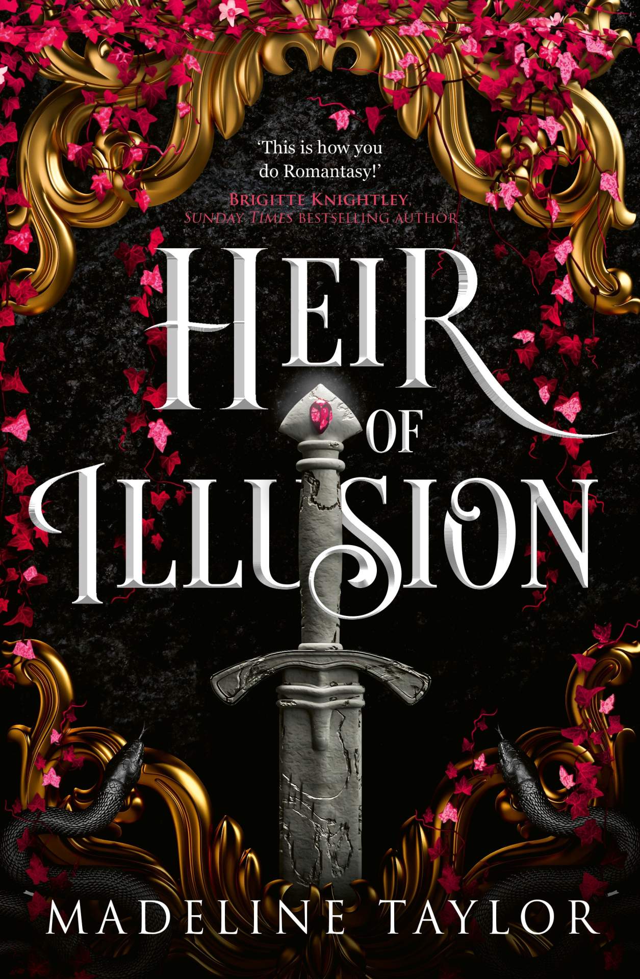 Book cover of 'Heir of Illusion' with decorative gold and floral elements and a sword