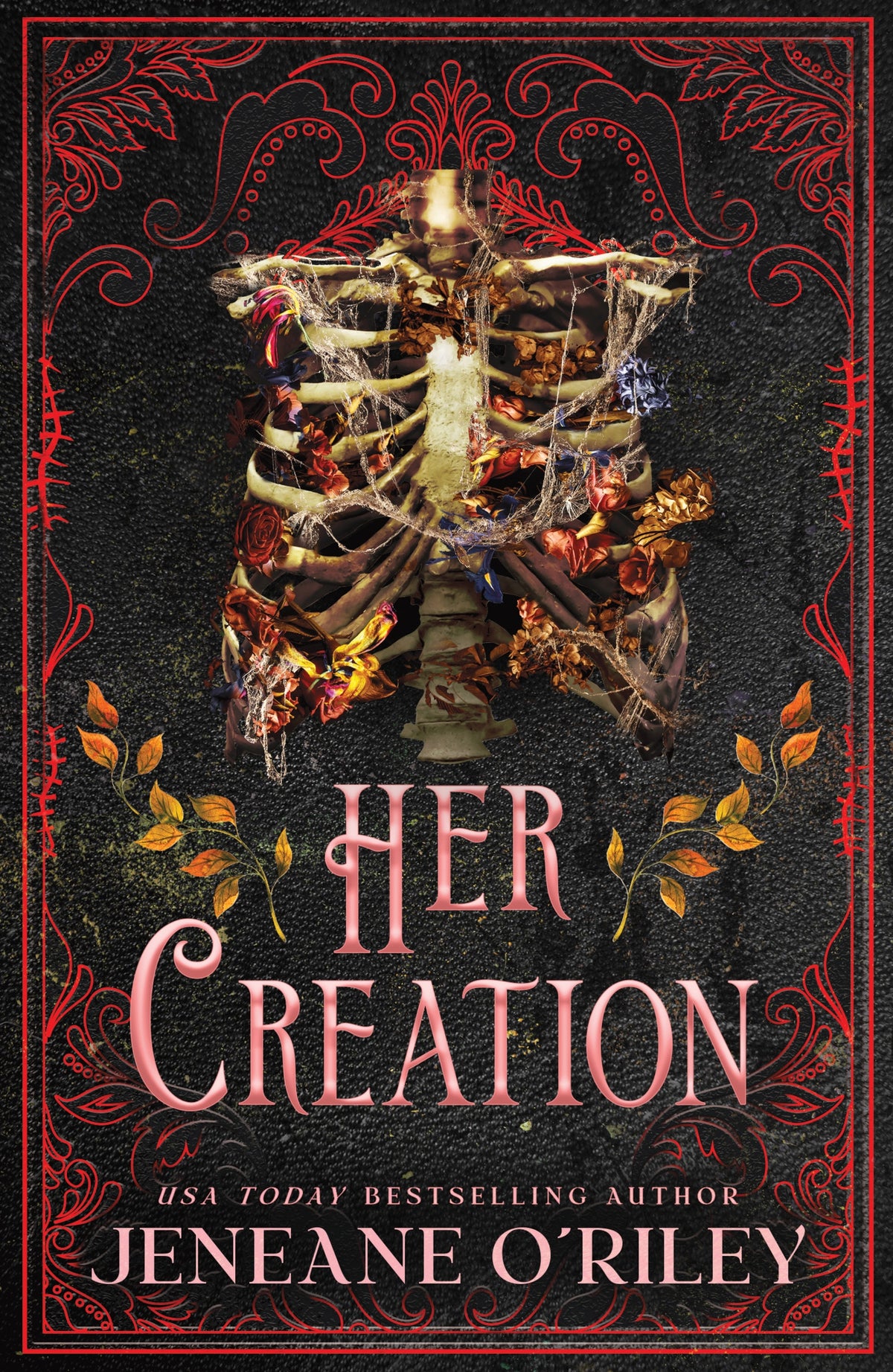 Book cover for 'Her Creation' by Jeneane O'Riley featuring a dark background with a ornate red borders and a central skeletal figure wrapped in a web and autumn leaves