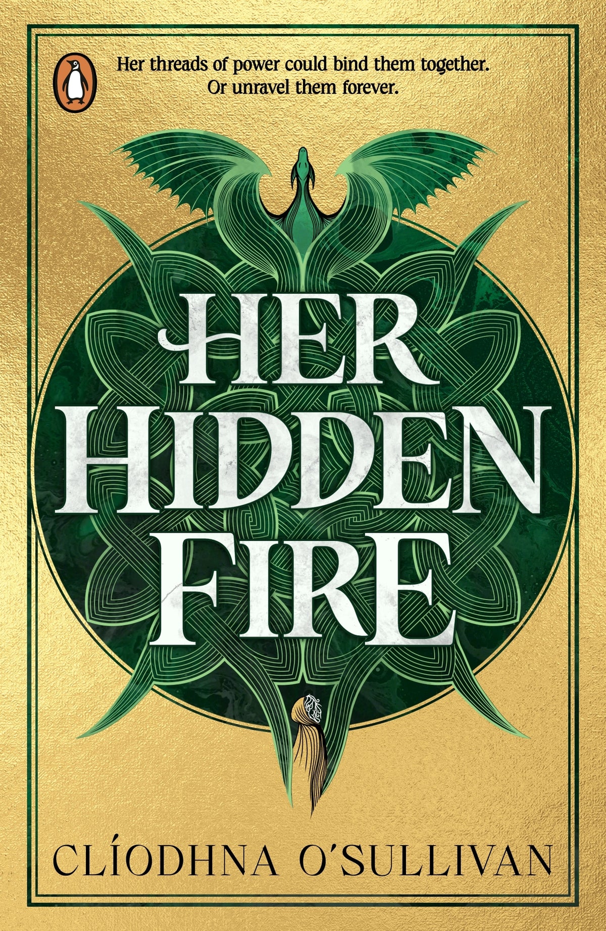 Book cover of 'Her Hidden Fire' by Clöidhna O'Sullivan with green and gold design.