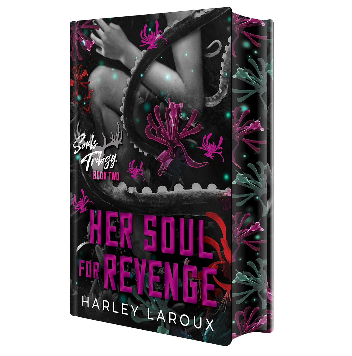 Book cover of 'Her Soul for Revenge' by Harley Laroux with a dark and colorful design.