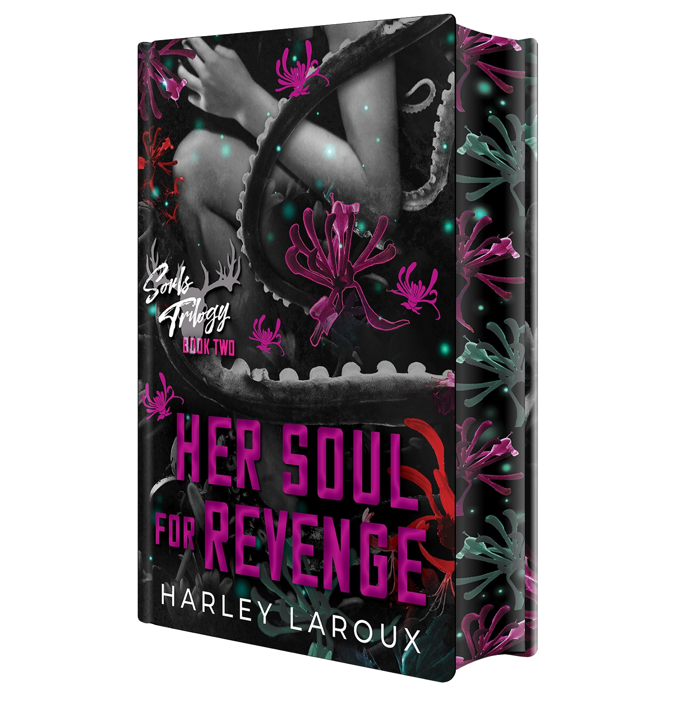 Book cover of 'Her Soul for Revenge' by Harley Laroux with a dark and colorful design.