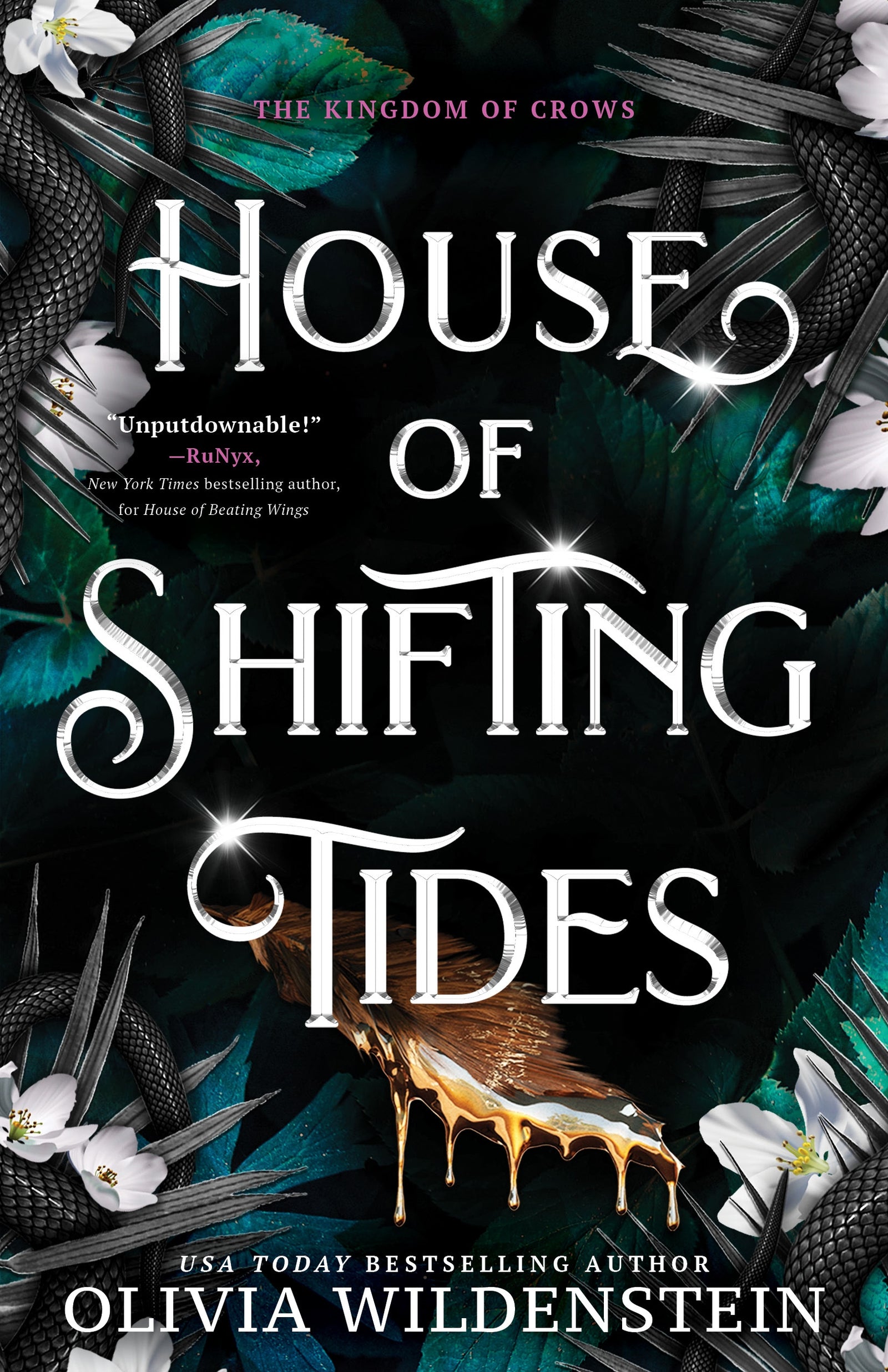 Book cover of 'House of Shifting Tides' with snakes wrapped around green leaves and white flowers 