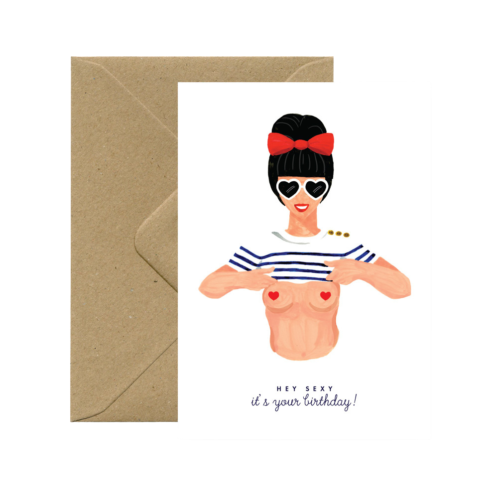 Card with illustration of a person wearing a striped shirt and sunglasses, with a brown envelope.