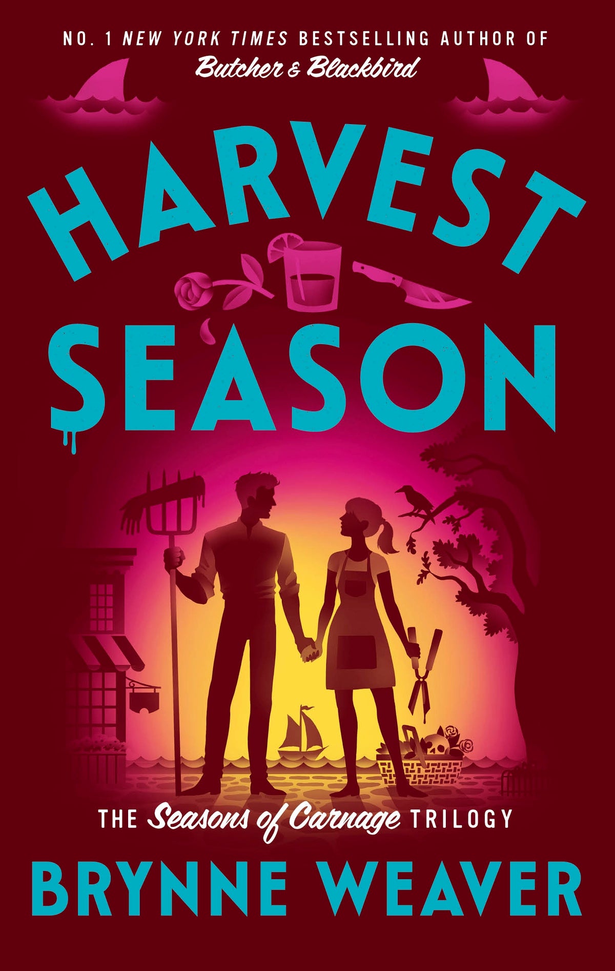 Book cover of 'Harvest Season' by Brynne Weaver with a silhouette of a man and woman holding hands against a sunset sky.