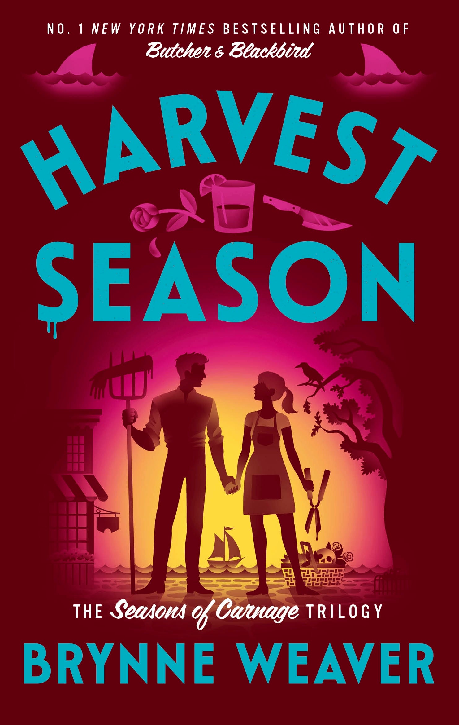 Book cover of 'Harvest Season' by Brynne Weaver with a silhouette of a man and woman holding hands against a sunset sky.