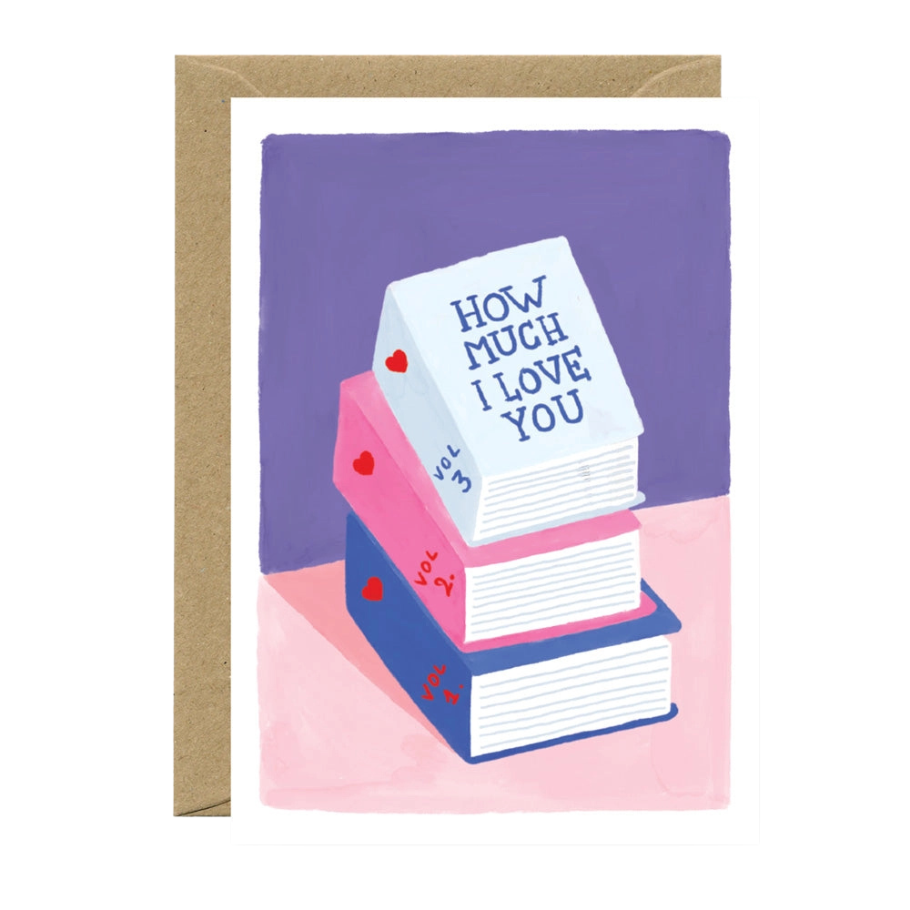 Greeting card with books and &#39;How Much I Love You&#39; text on a purple and pink background